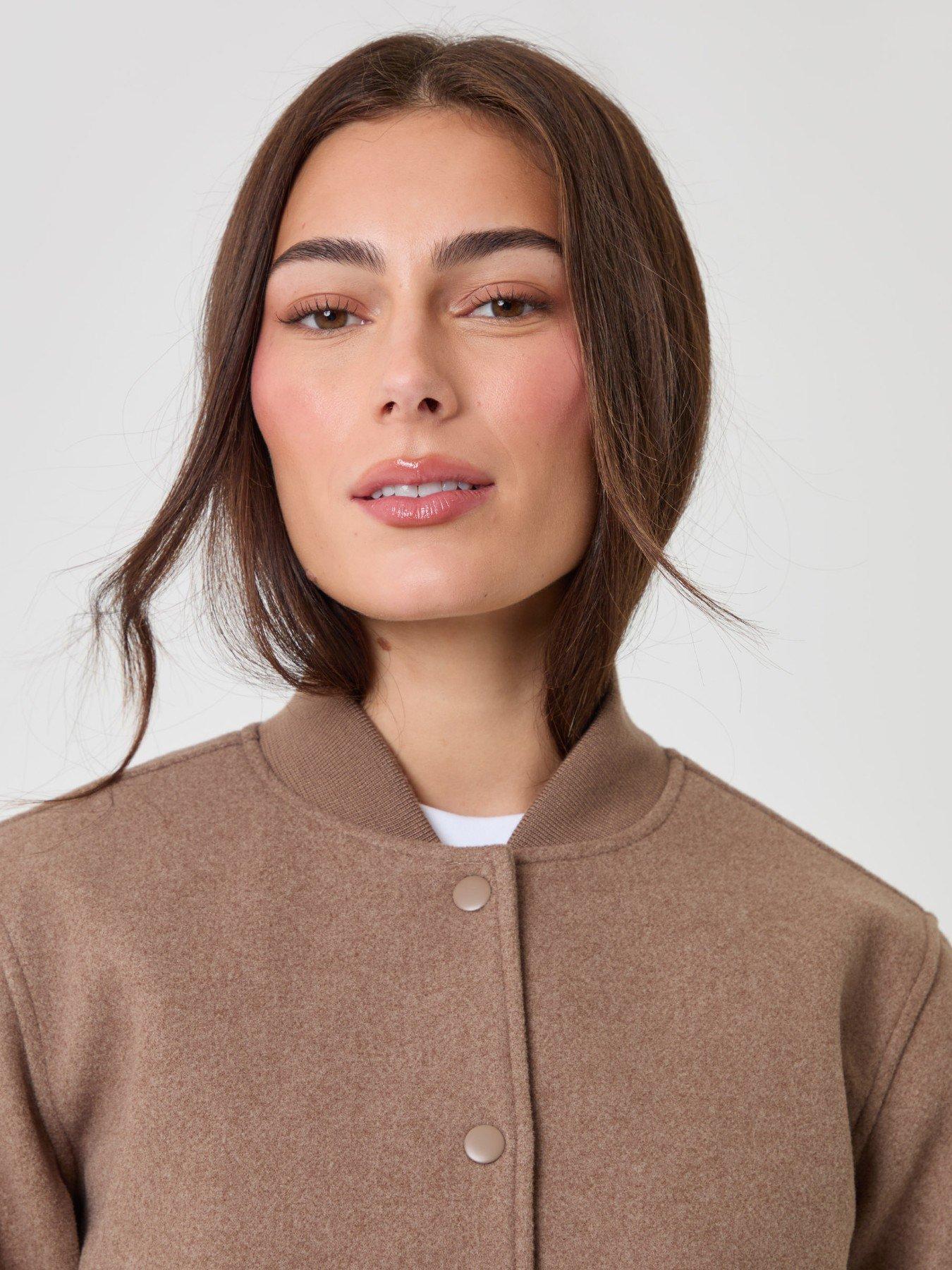 Image 5 of 6 of Threadbare Womens Petite Faux Wool Popper Bomber Jacket - Brown
