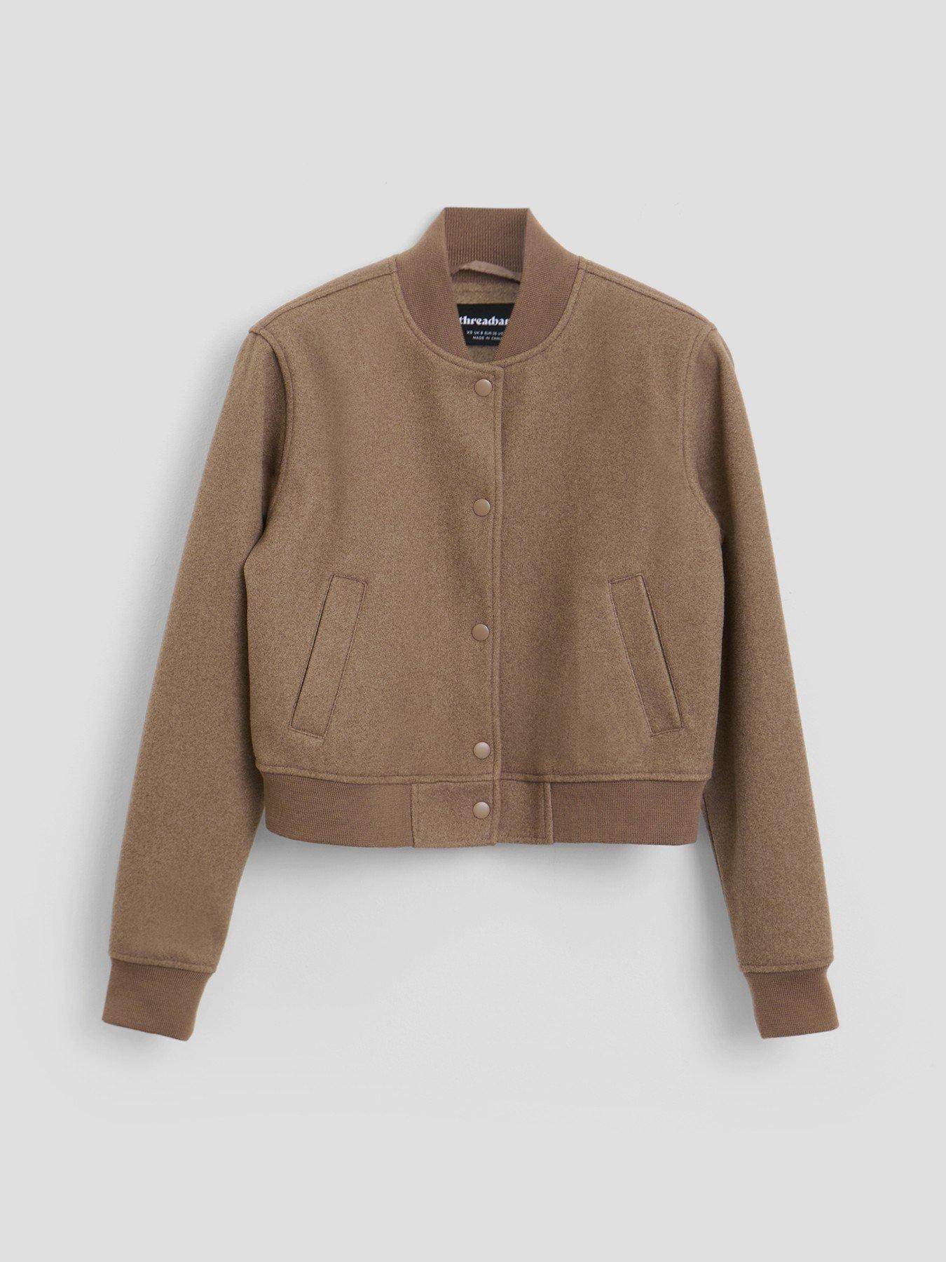 Image 6 of 6 of Threadbare Womens Petite Faux Wool Popper Bomber Jacket - Brown