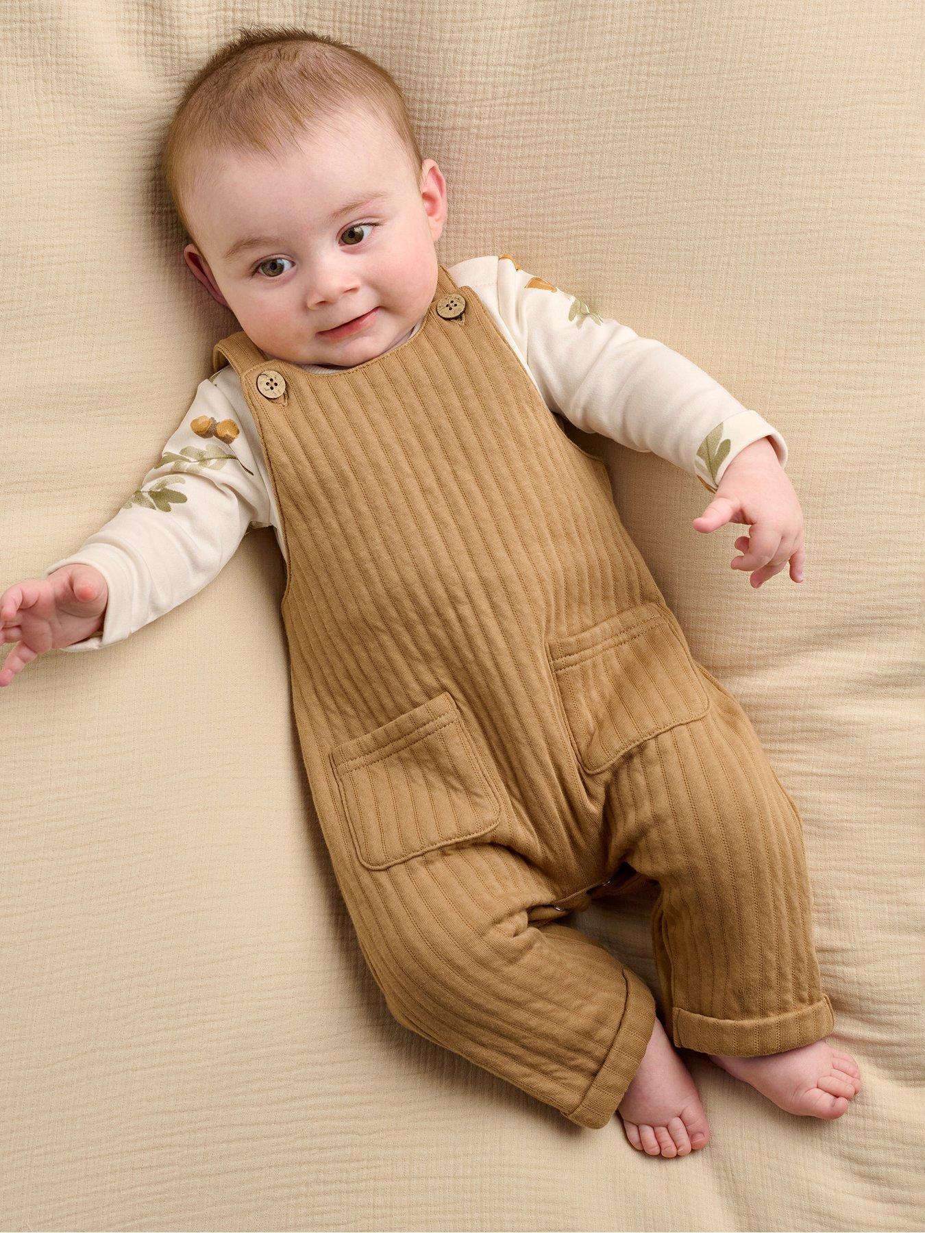 Mamas & Papas Baby Unisex 2 Piece Dungaree & Acorn Print Bodysuit Set, Beige, Size Age: Newborn