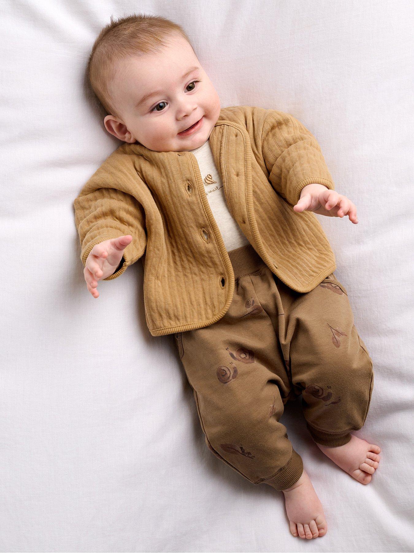 Mamas & Papas Baby Unisex 3 Piece Snail Quilted Jacket Bodysuit & Joggers Outfit Set, Beige, Size Age: 0-3 Months