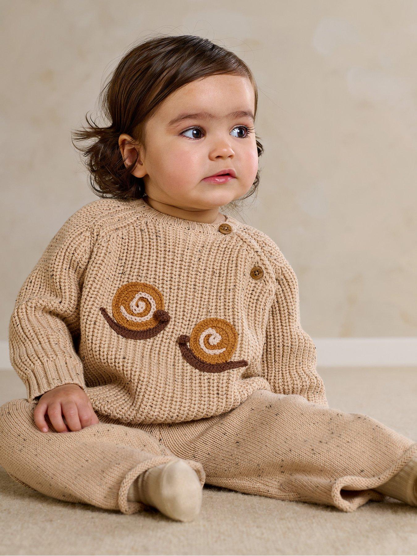 Mamas & Papas Baby Unisex 2 Piece Snail Knitted Jumper & Trousers Set, Beige, Size Age: Up To 1 Month