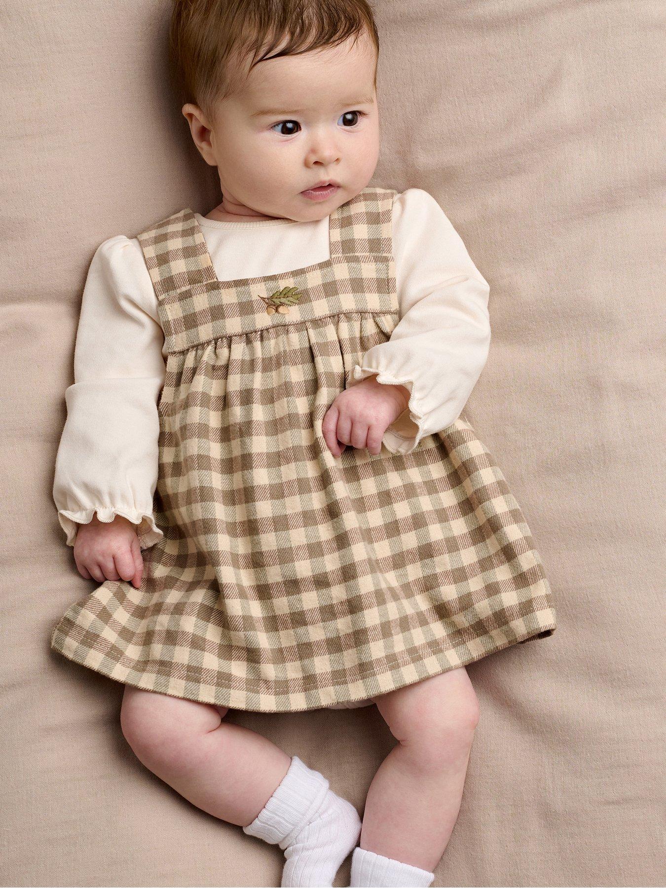 Mamas & Papas Baby Unisex 2 Piece Acorn Gingham Dress & Bodysuit Set, Beige, Size Age: 0-3 Months