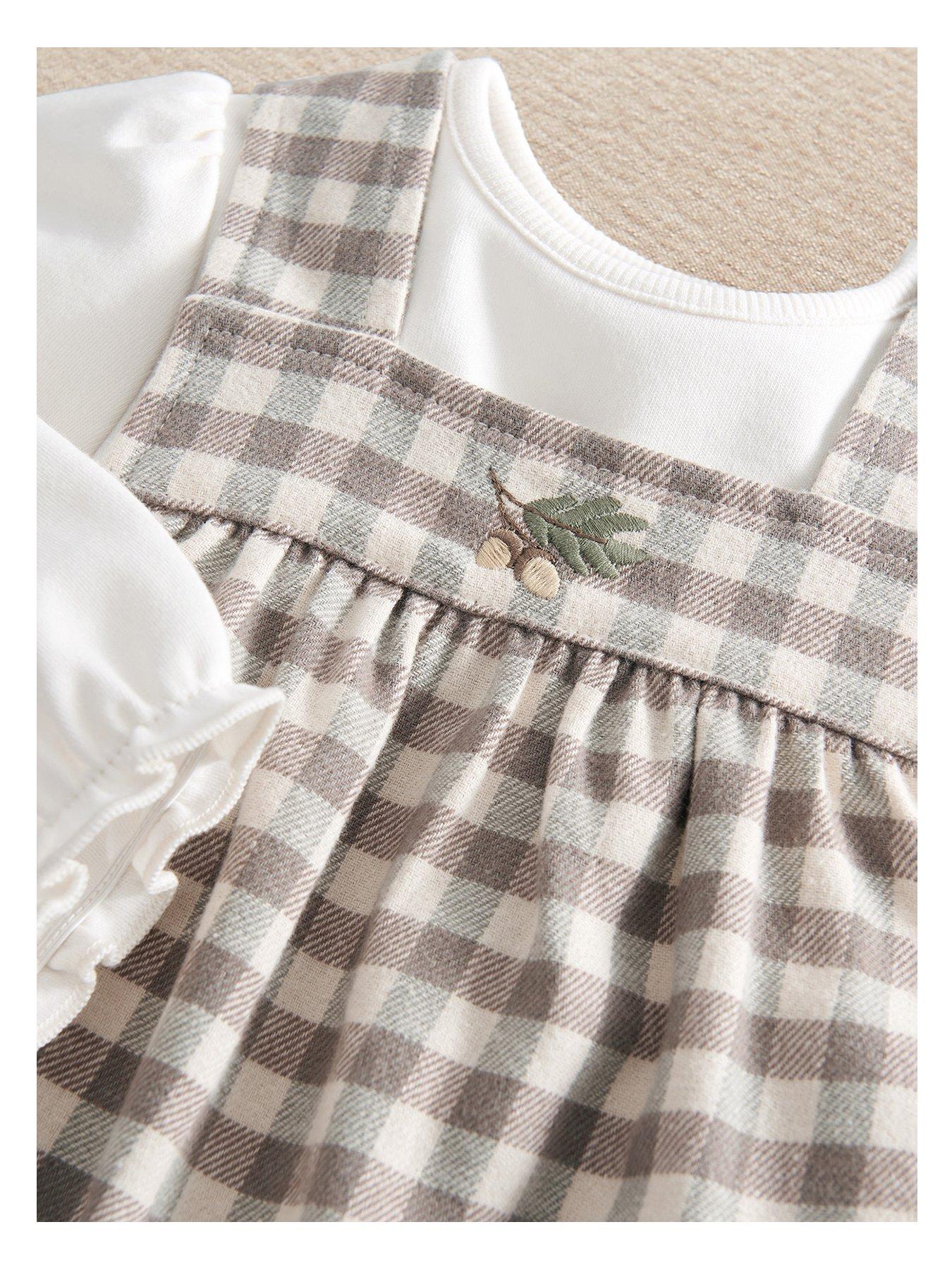 Image 3 of 5 of Mamas & Papas Baby Unisex 2 Piece Acorn Gingham Dress &amp; Bodysuit Set - Beige