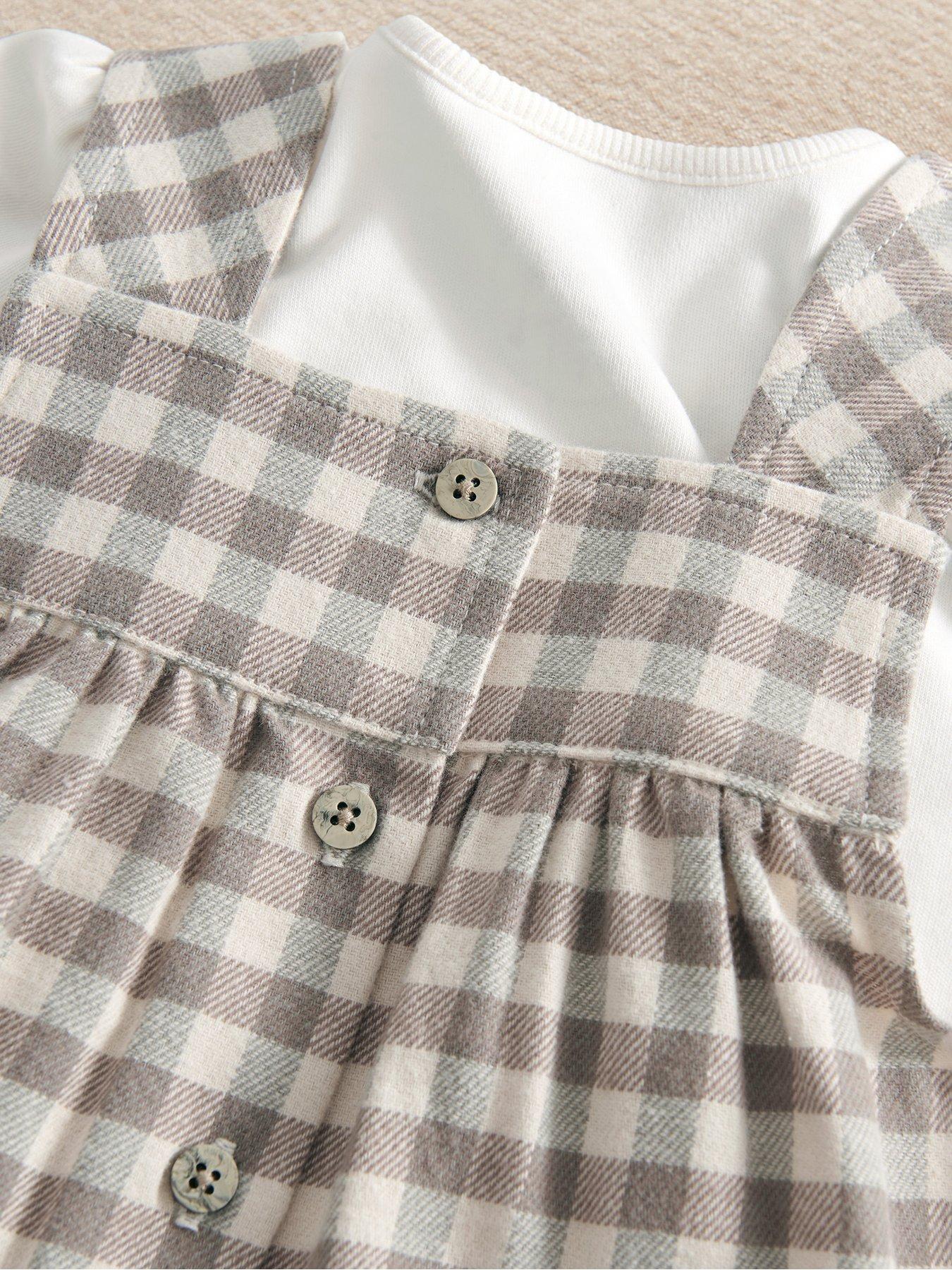 Image 4 of 5 of Mamas & Papas Baby Unisex 2 Piece Acorn Gingham Dress &amp; Bodysuit Set - Beige
