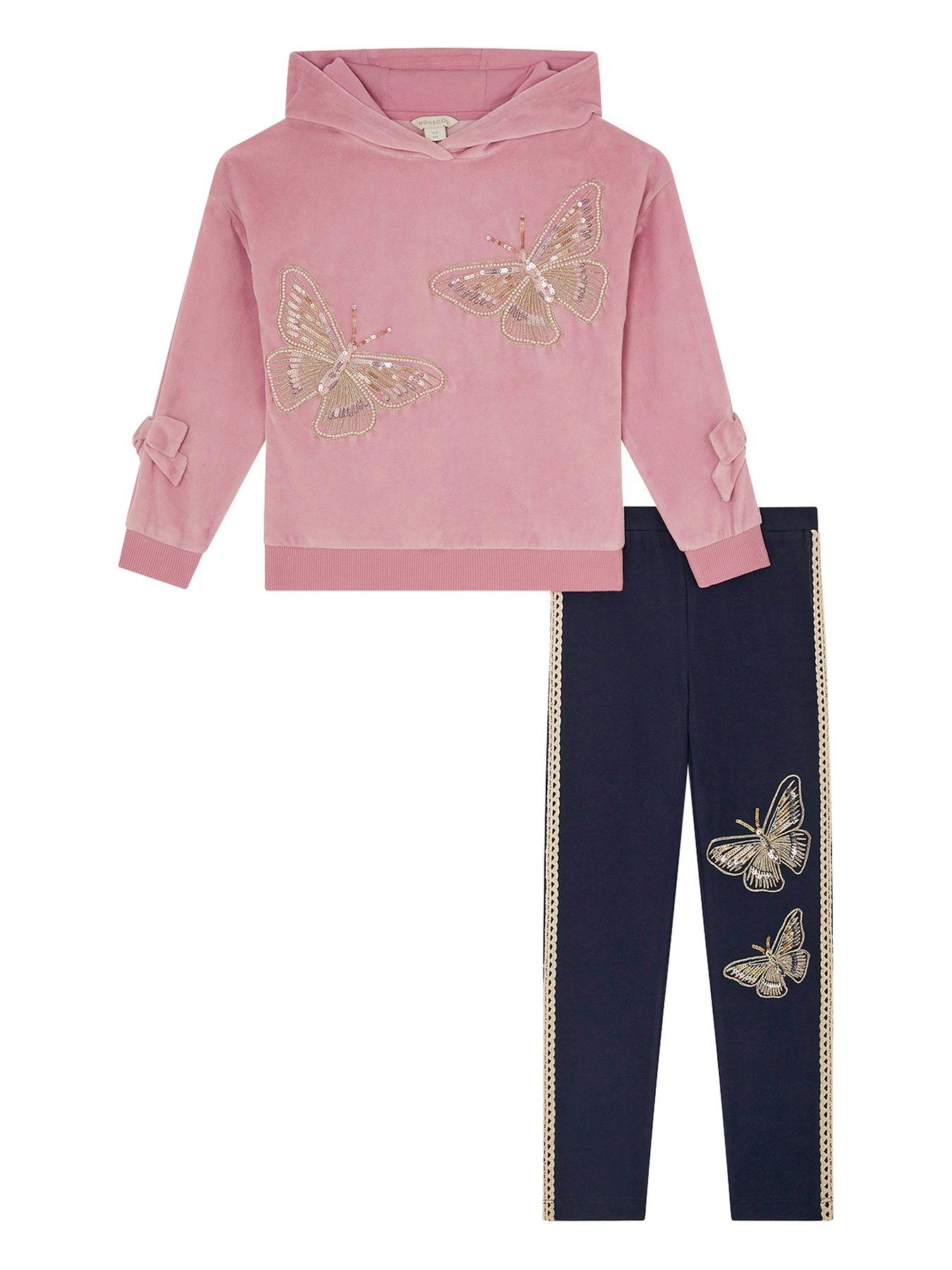 Image 2 of 4 of Monsoon Girls Butterfly Velour Sporty Hoody &amp; Legging Set - Pink