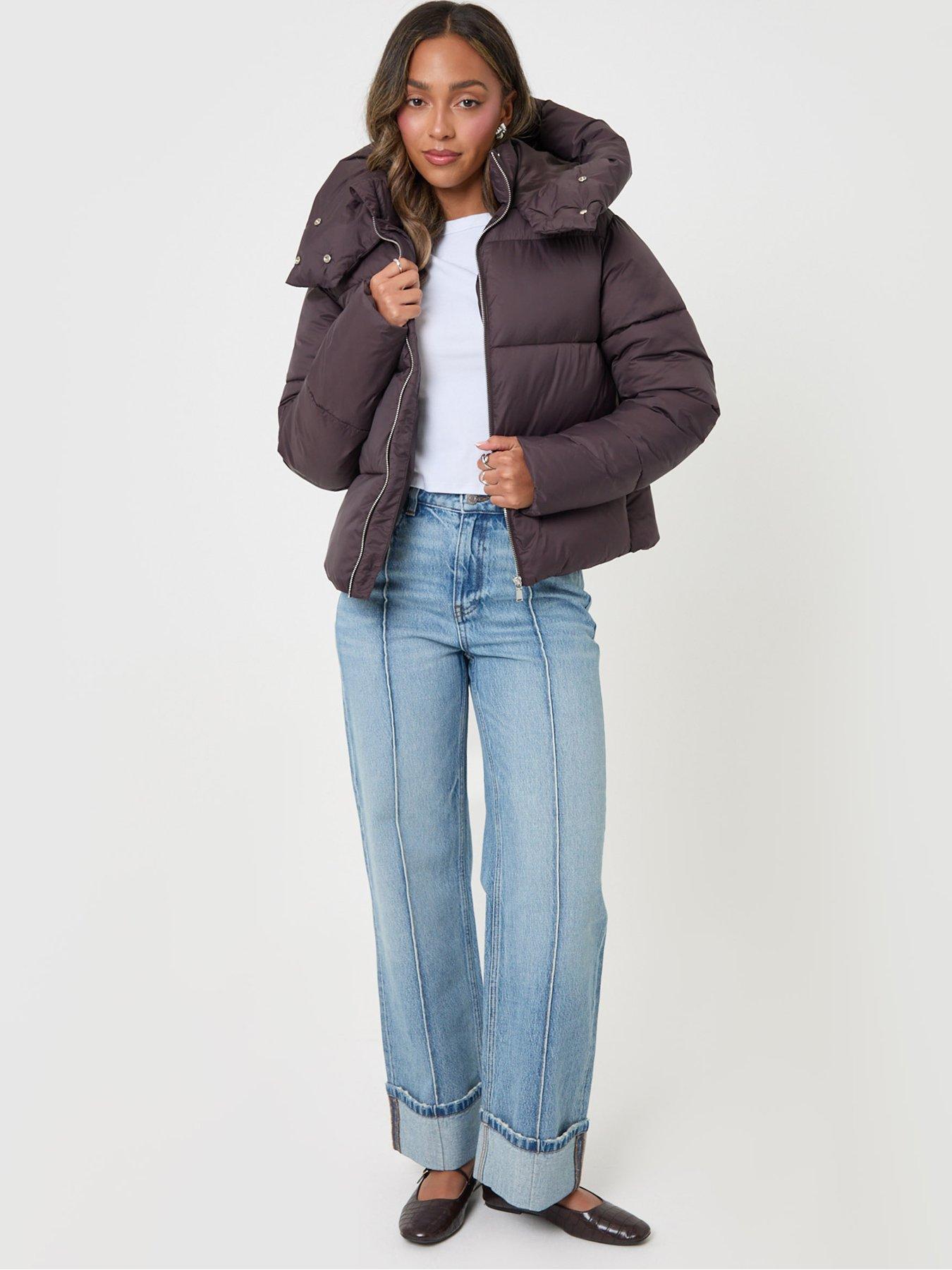 Image 3 of 5 of Threadbare Petite Showerproof Funnel Neck Puffer Coat In Chocolate Brown