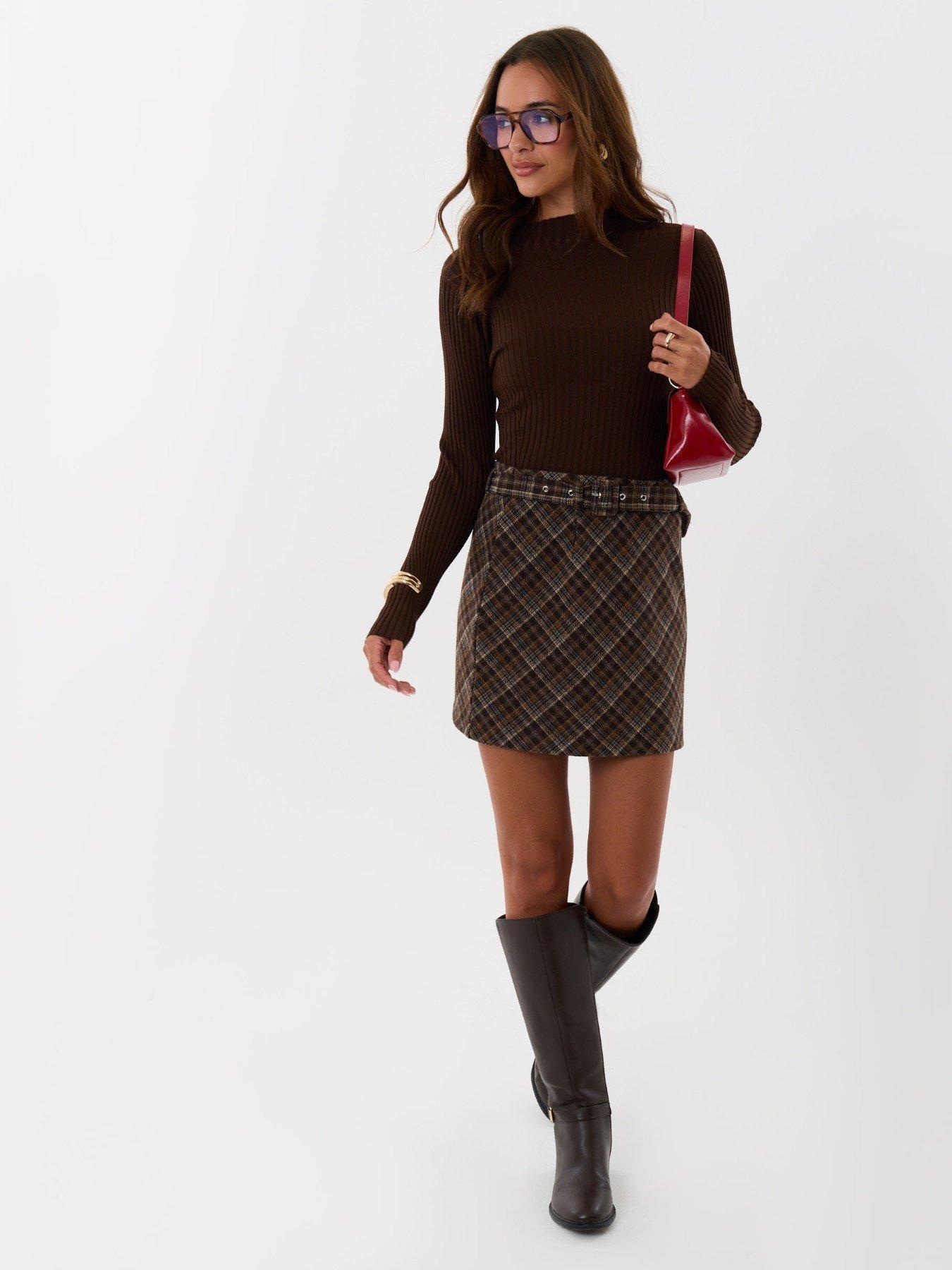Image 4 of 5 of Threadbare Womens Belted A-Line Check Mini Skirt - Brown