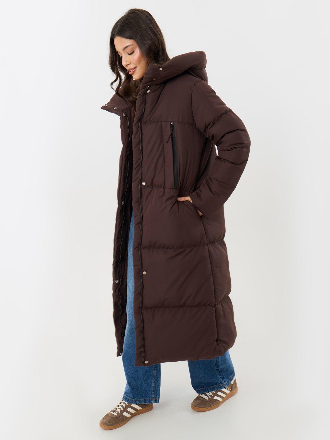 Image 1 of 4 of Threadbare Showerproof Maxi Puffer Coat In Chocolate Brown