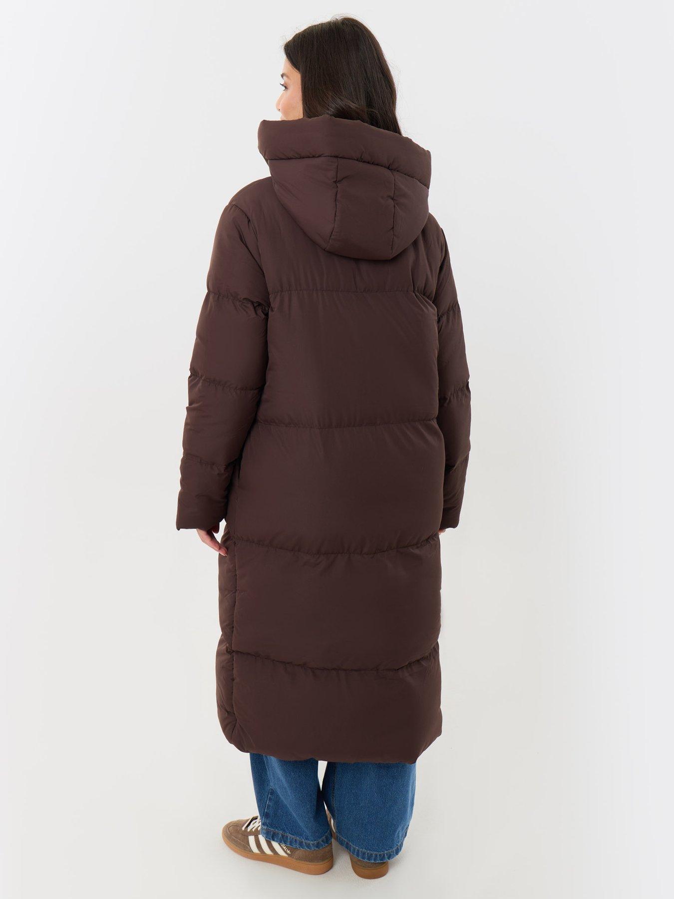 Image 2 of 4 of Threadbare Showerproof Maxi Puffer Coat In Chocolate Brown