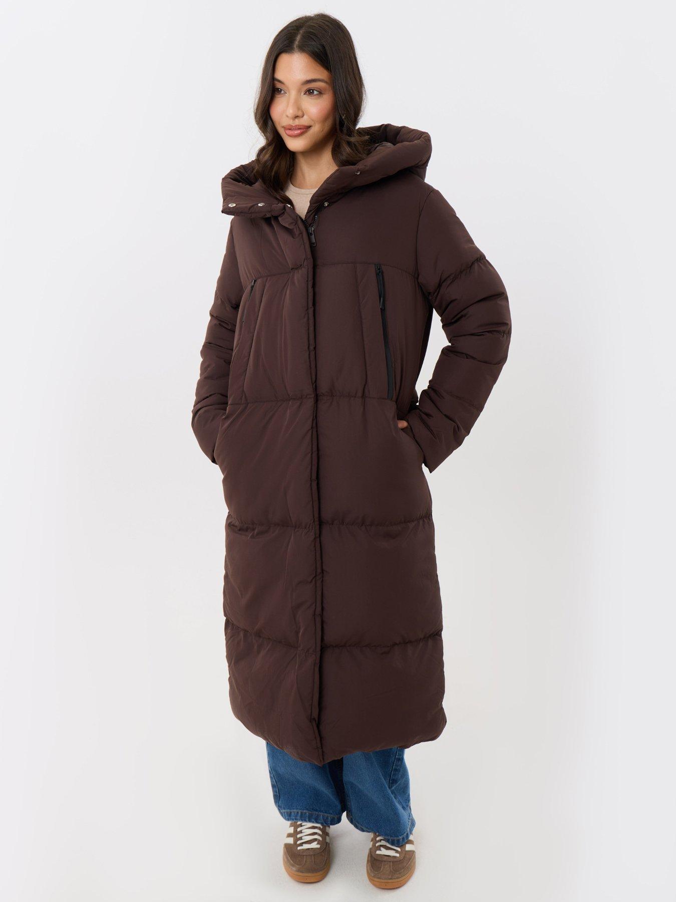 Image 3 of 4 of Threadbare Showerproof Maxi Puffer Coat In Chocolate Brown