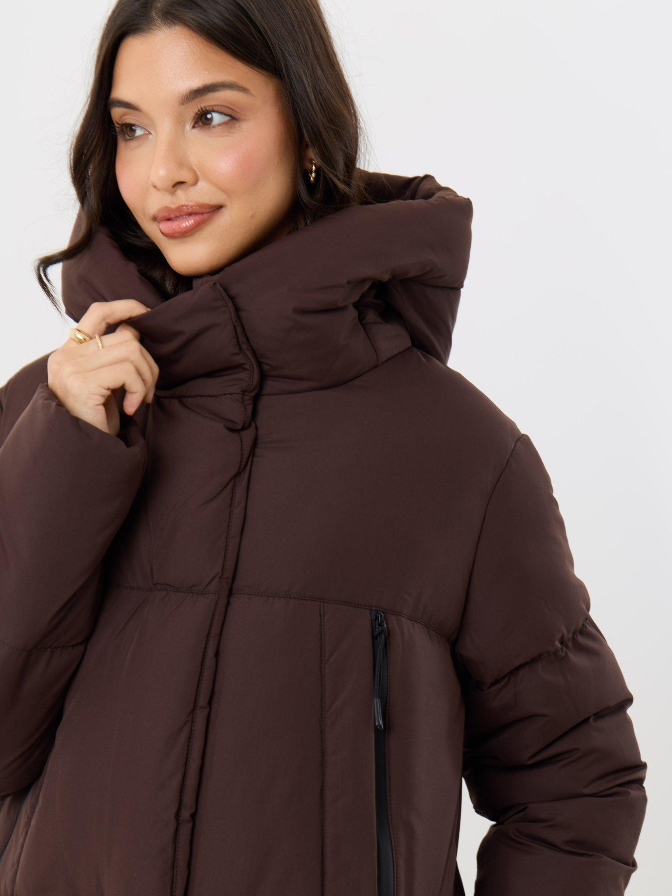 Image 4 of 4 of Threadbare Showerproof Maxi Puffer Coat In Chocolate Brown