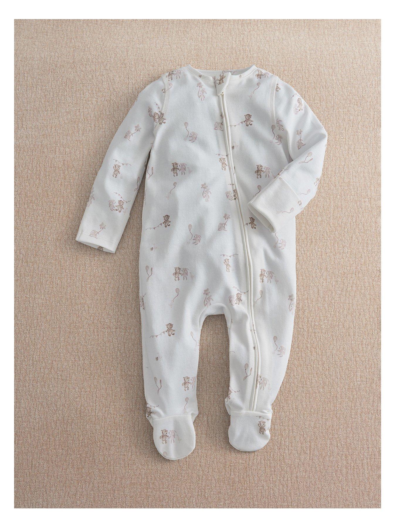 Image 2 of 7 of Mamas & Papas Baby Unisex Celebration Print Zip Sleepsuit - White