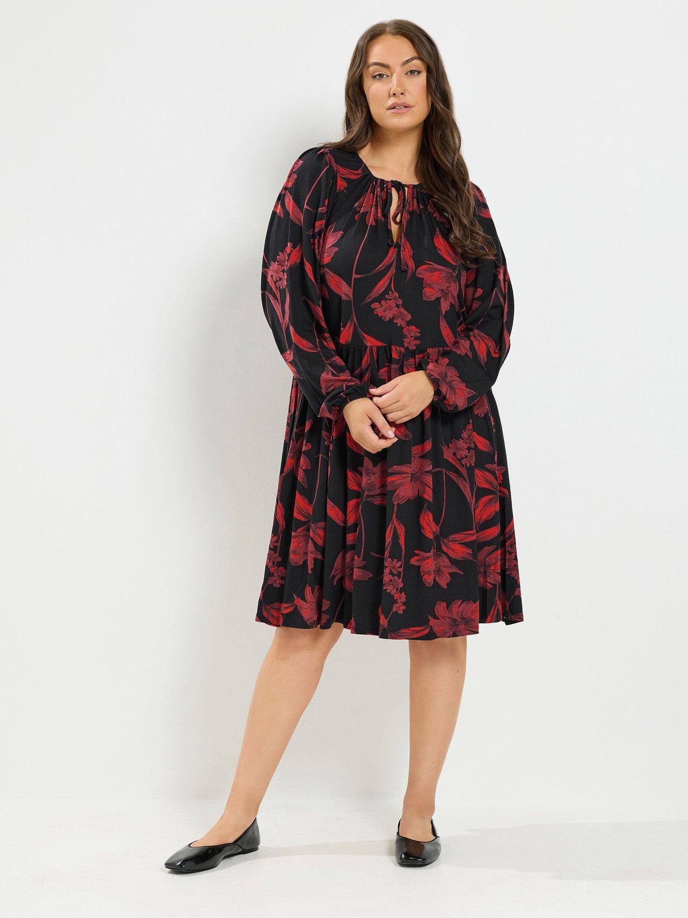 Image 1 of 4 of Yours Curve Floral Detail Tie Front Dress - Black