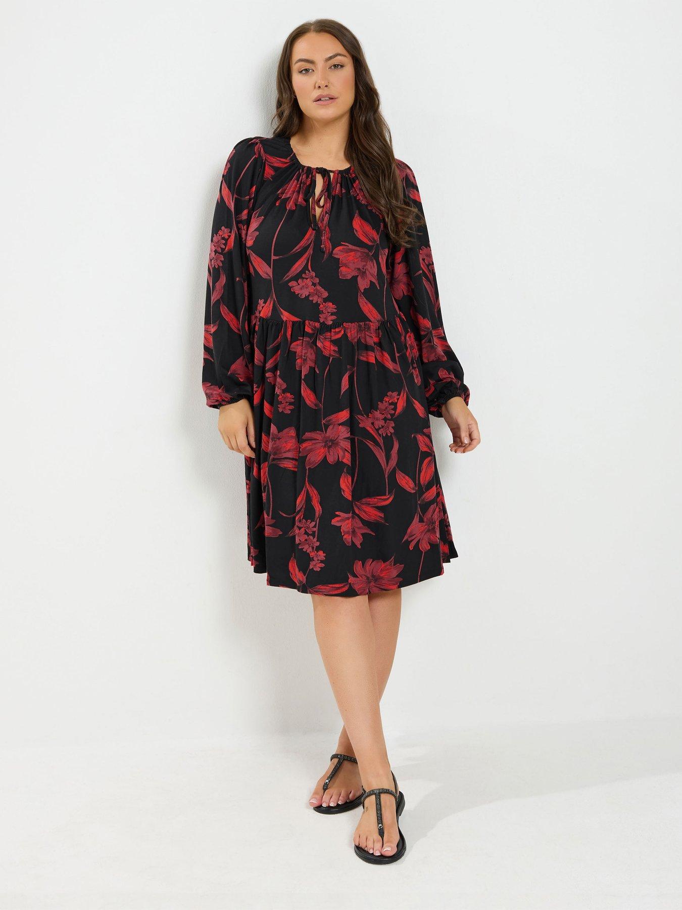 Image 3 of 4 of Yours Curve Floral Detail Tie Front Dress - Black