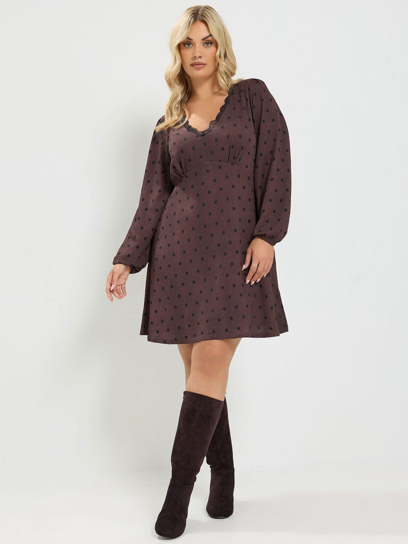 Yours Curve Lace Trim Mini Dress - Brown