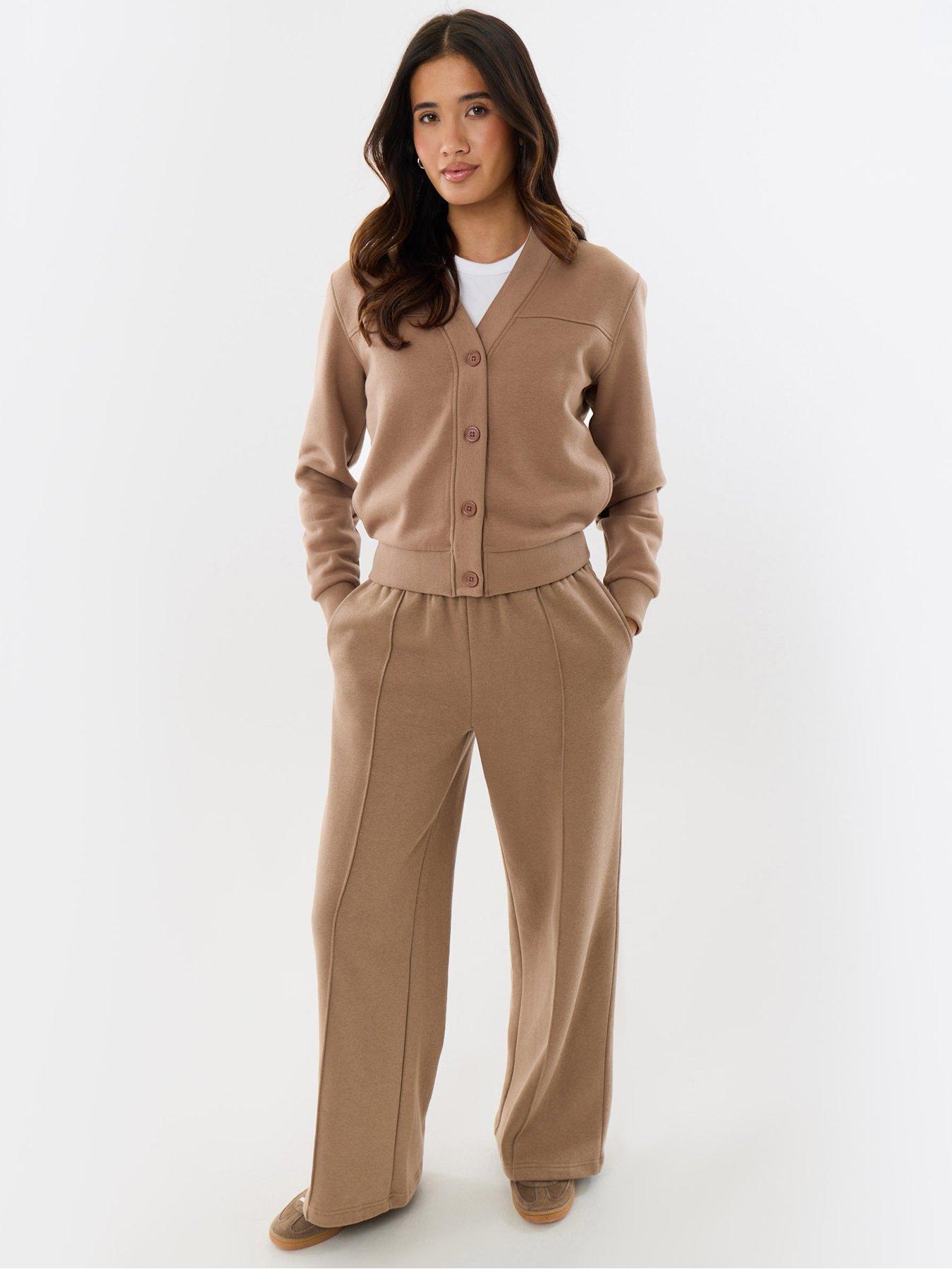 Image 1 of 4 of Threadbare Womens Petite Button-Through Cardigan Jogger Set - Brown