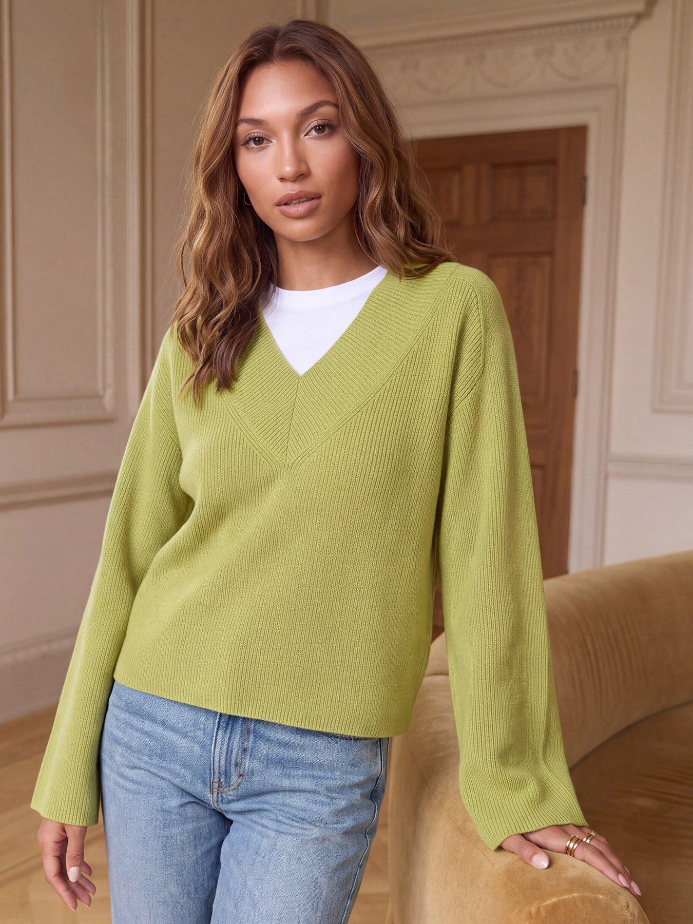 Image 1 of 4 of Threadbare Womens Deep Rib V-Neck Dropped Shoulder Jumper - Green