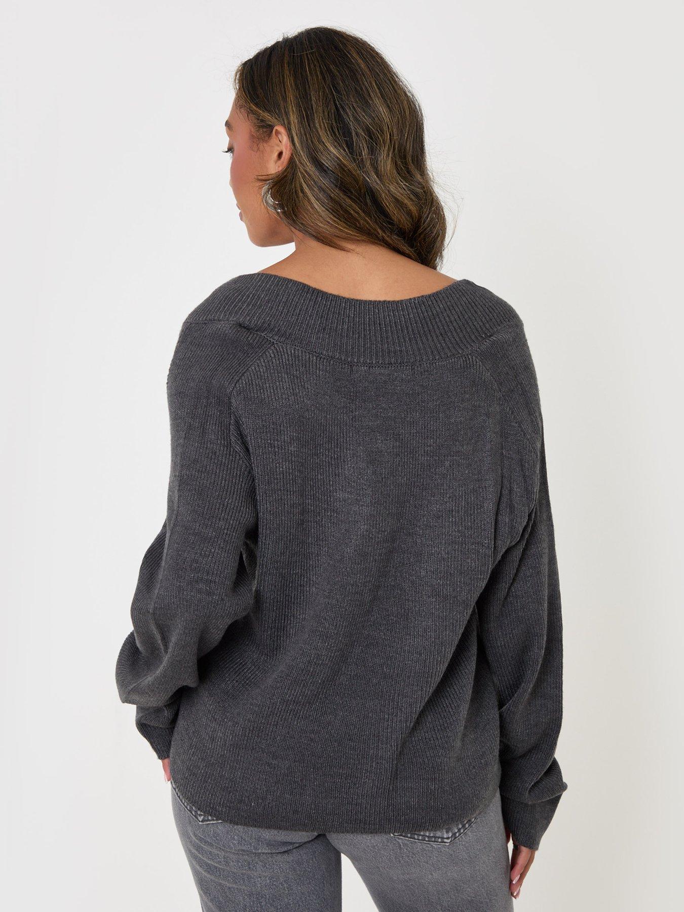Image 2 of 4 of Threadbare Womens Ribbed V-Neck Slouchy Jumper - Grey