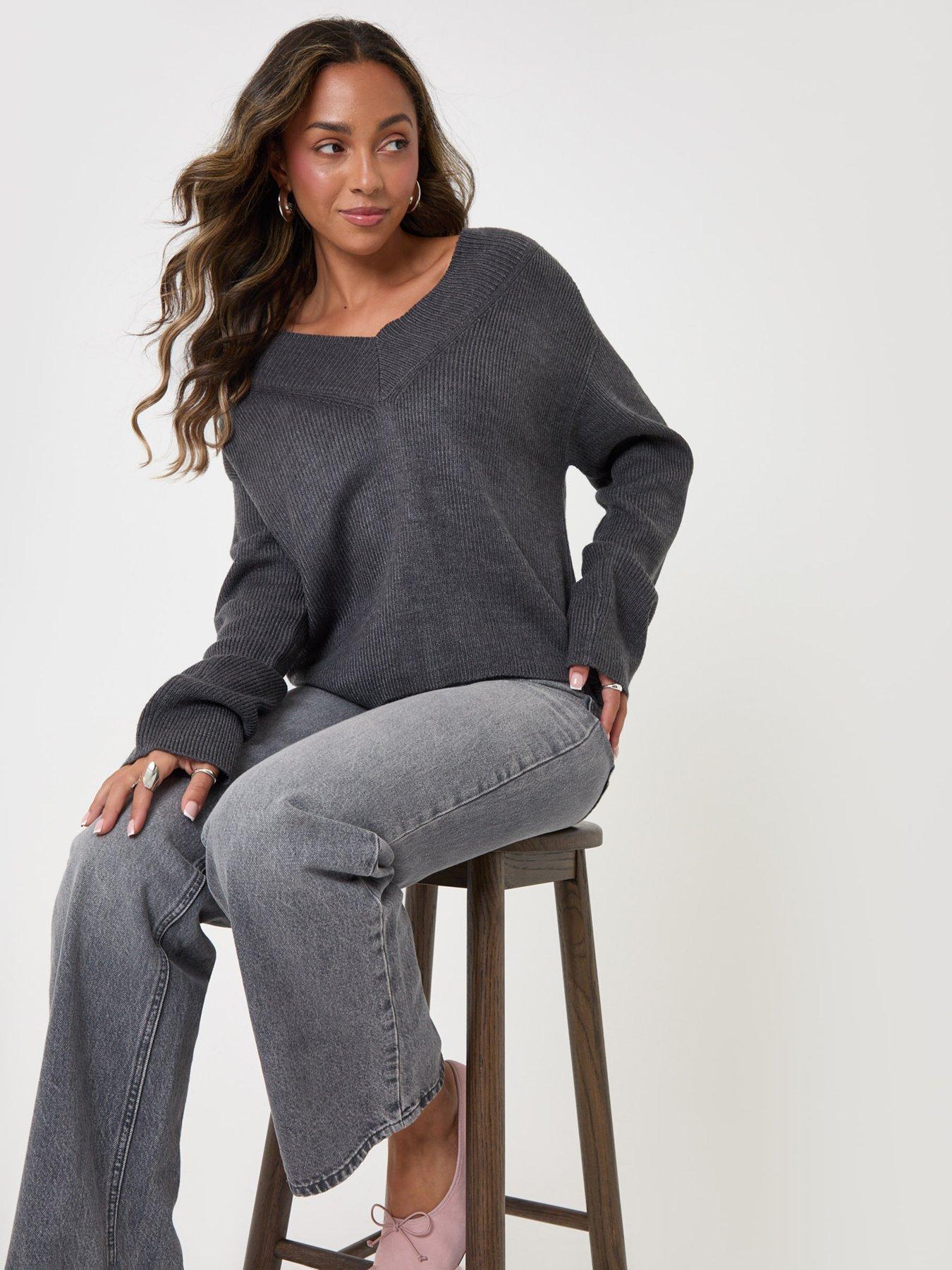 Image 3 of 4 of Threadbare Womens Ribbed V-Neck Slouchy Jumper - Grey