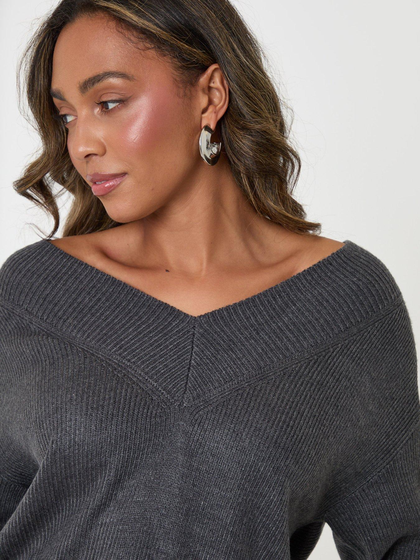 Image 4 of 4 of Threadbare Womens Ribbed V-Neck Slouchy Jumper - Grey