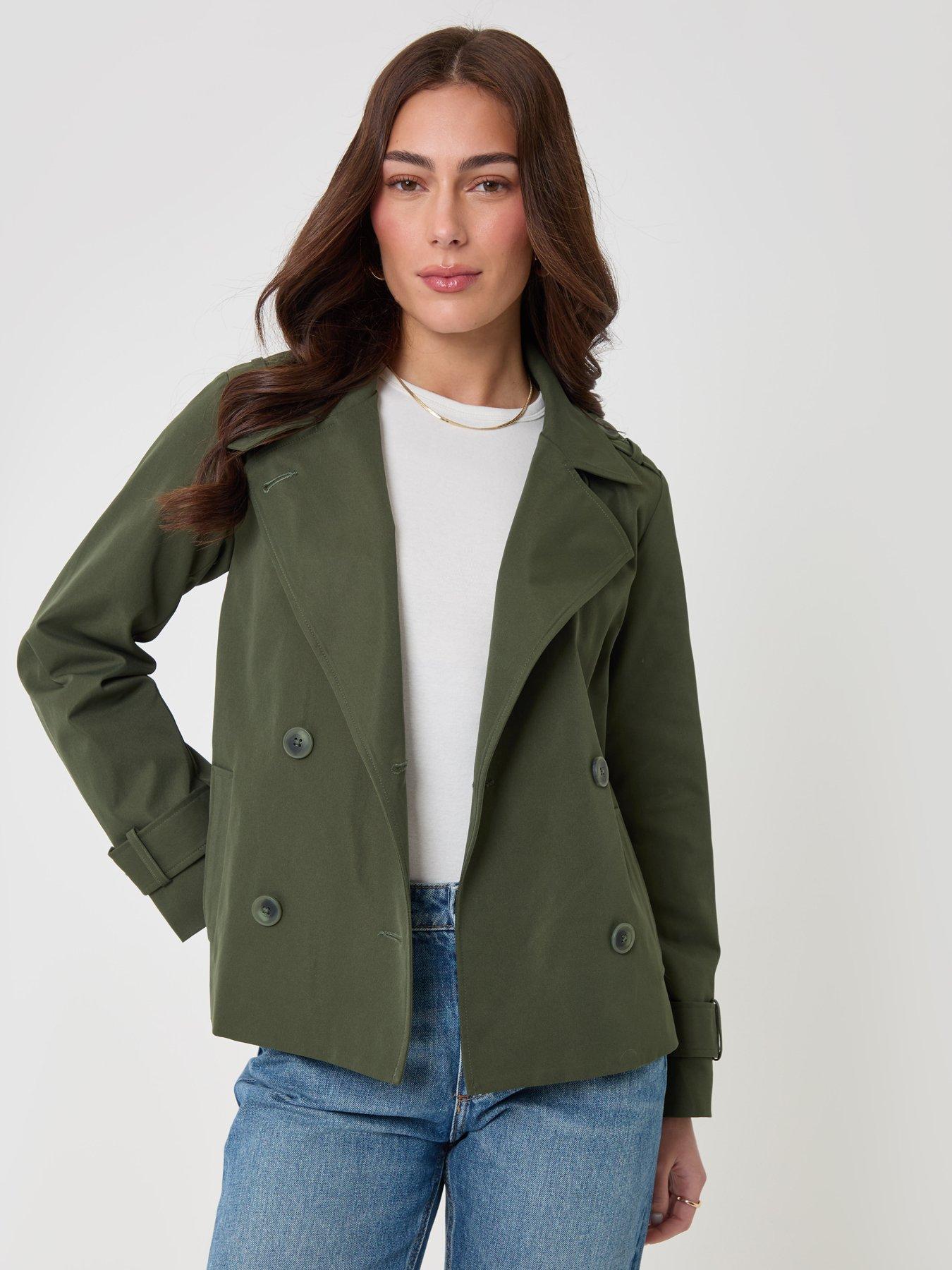 Image 1 of 4 of Threadbare Womens Funnel Neck Double-Breasted Short Trench Coat - Green