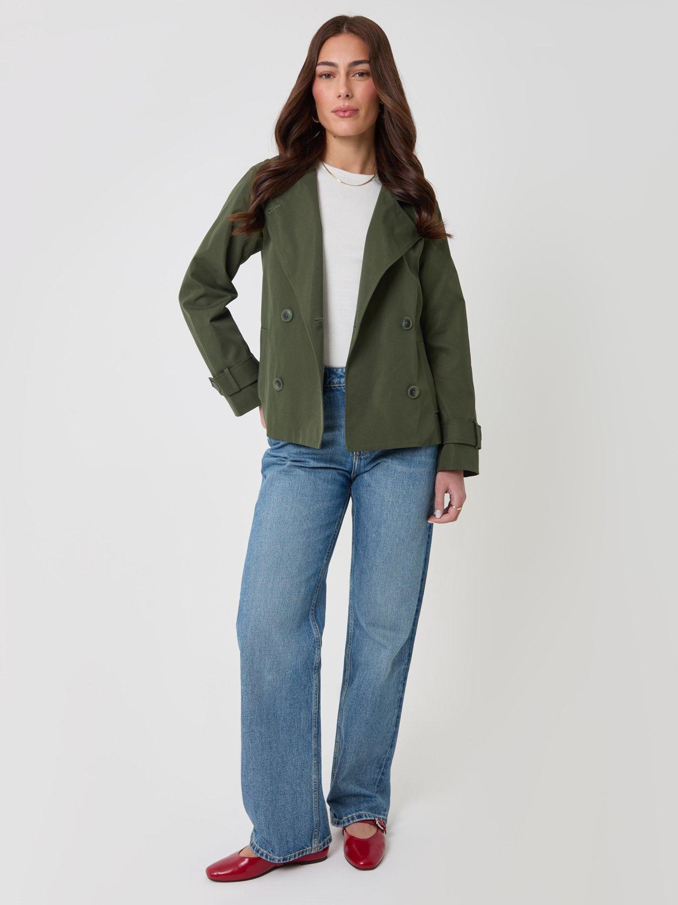 Image 3 of 4 of Threadbare Womens Funnel Neck Double-Breasted Short Trench Coat - Green