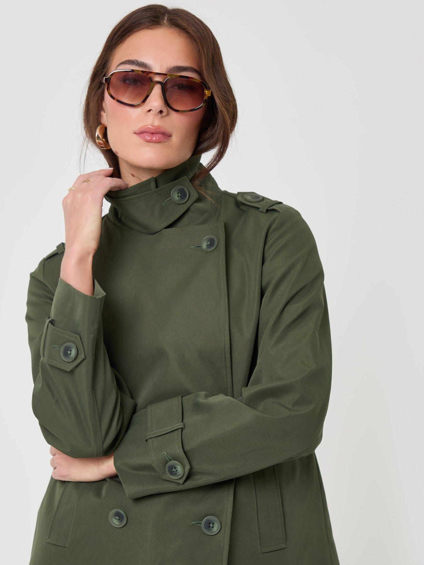 Image 4 of 4 of Threadbare Womens Funnel Neck Double-Breasted Short Trench Coat - Green
