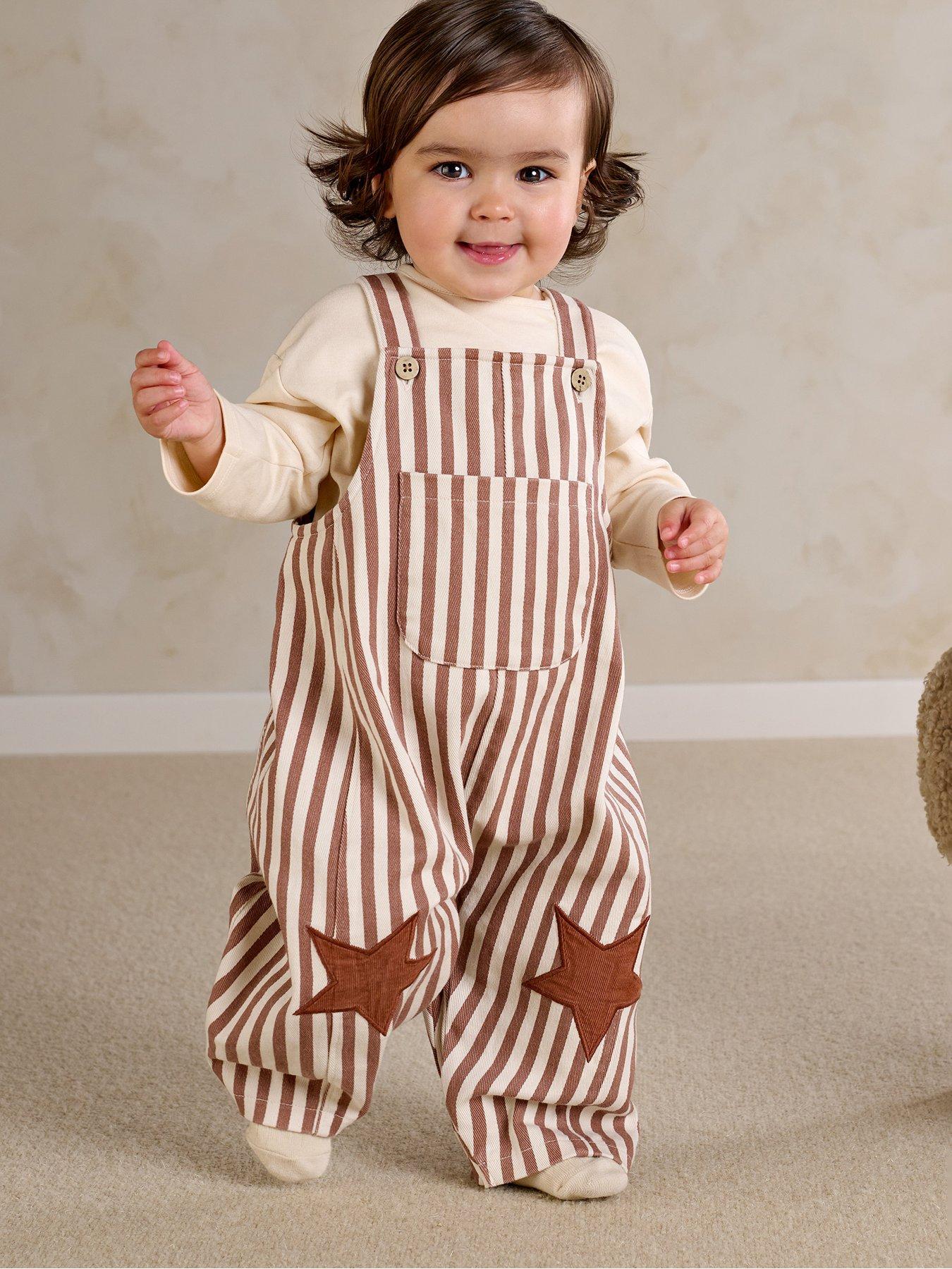 Mamas & Papas Baby Unisex 2 Piece Stripe Dungarees With Star Knee Patches & Long Sleeve Top Set - Brown