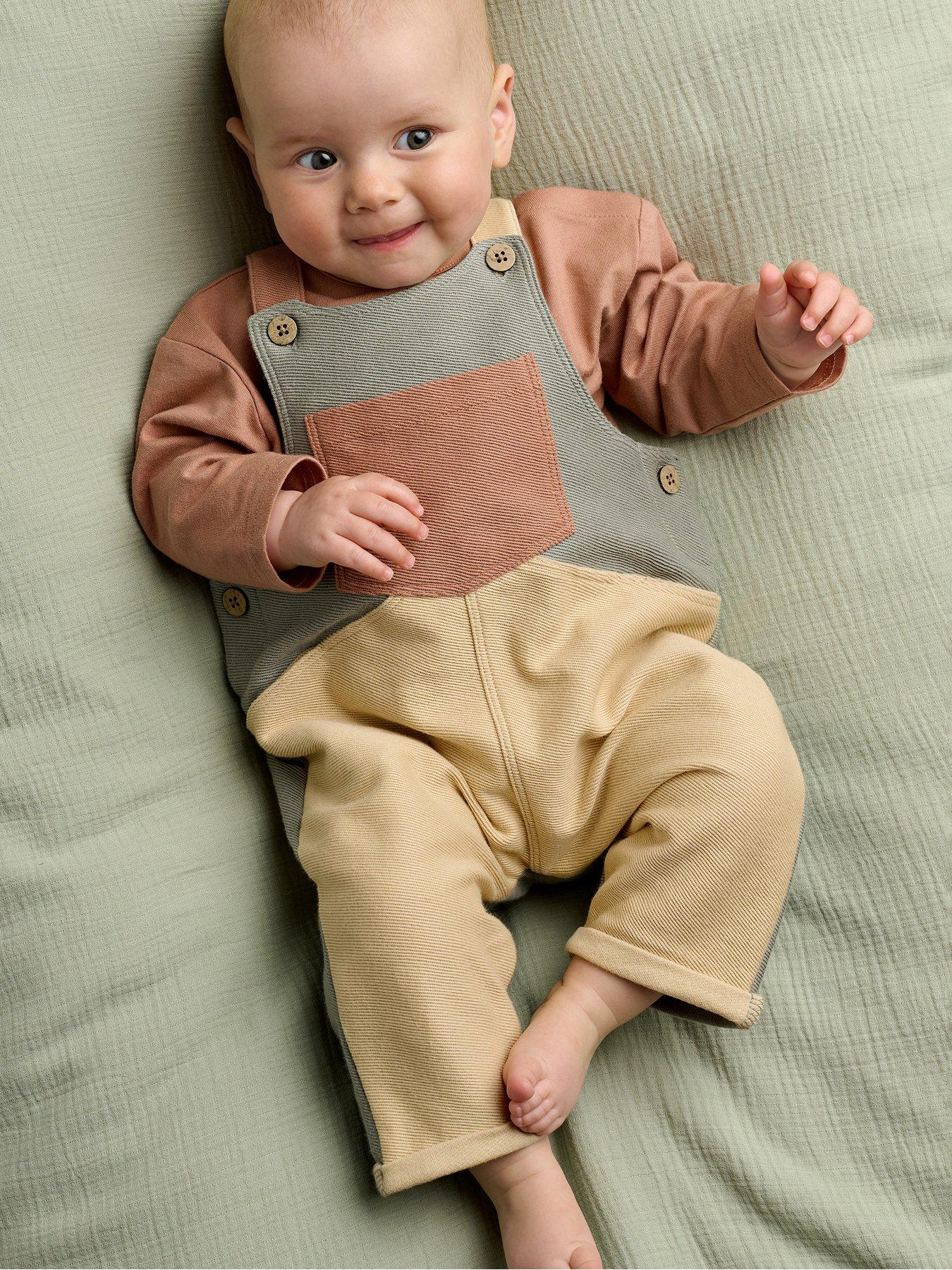 Mamas & Papas Baby Unisex 2 Piece Colour Block Dungaree & Long Sleeve Top Set, Multi, Size Age: 0-3 Months