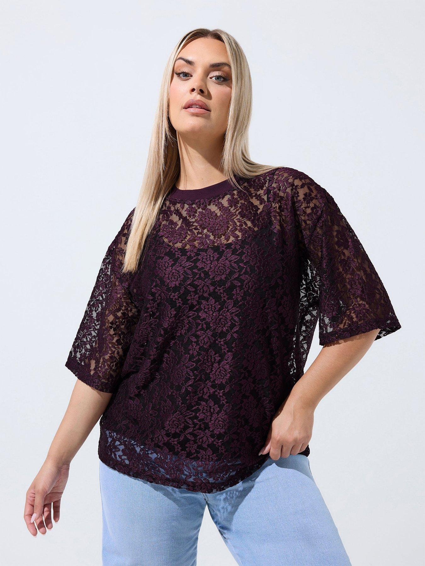 Image 1 of 4 of Yours Curve All Over Lace T-Shirt - Purple