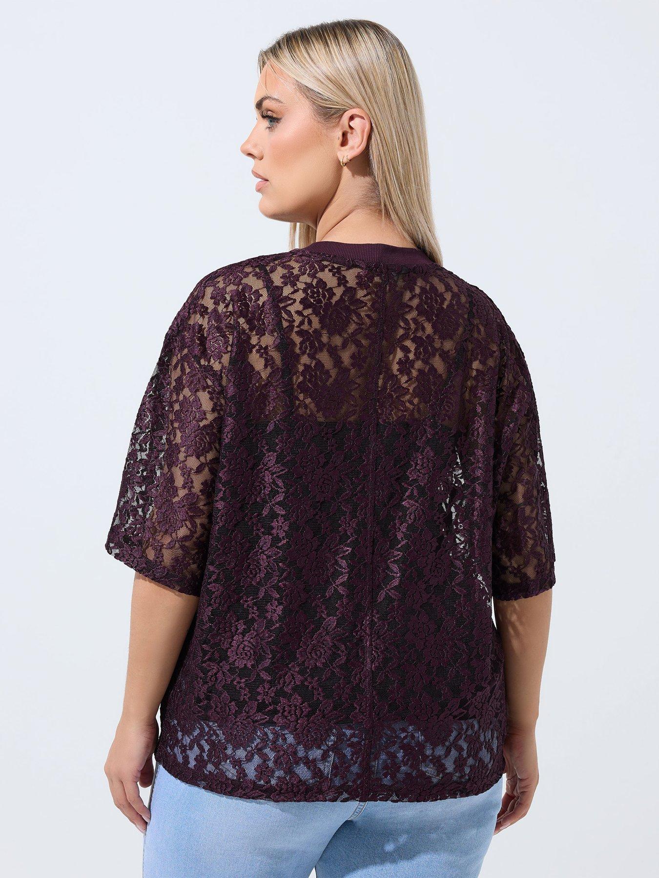 Image 2 of 4 of Yours Curve All Over Lace T-Shirt - Purple