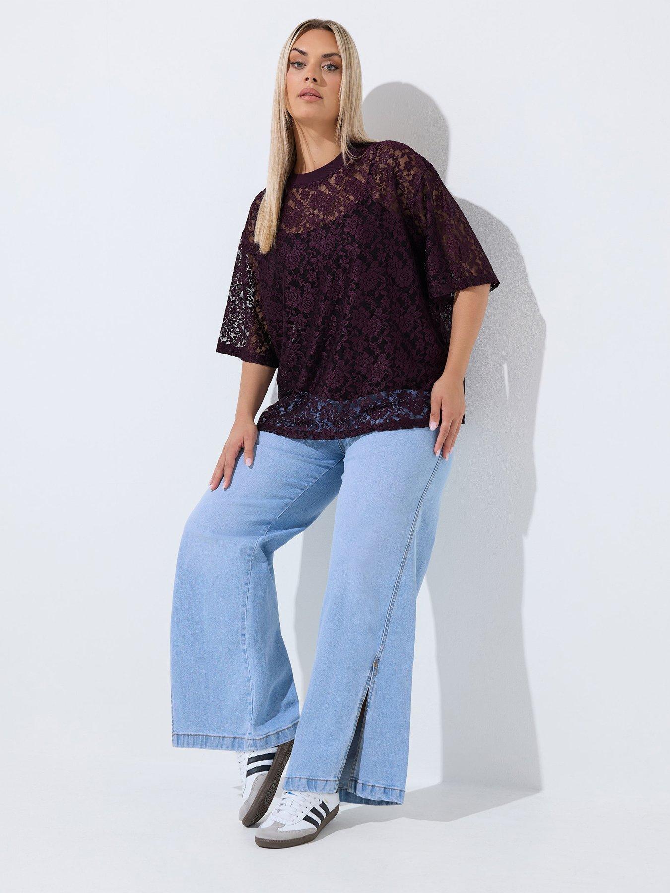 Image 3 of 4 of Yours Curve All Over Lace T-Shirt - Purple