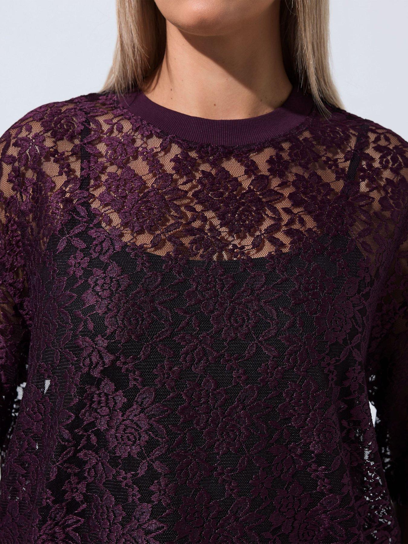 Image 4 of 4 of Yours Curve All Over Lace T-Shirt - Purple