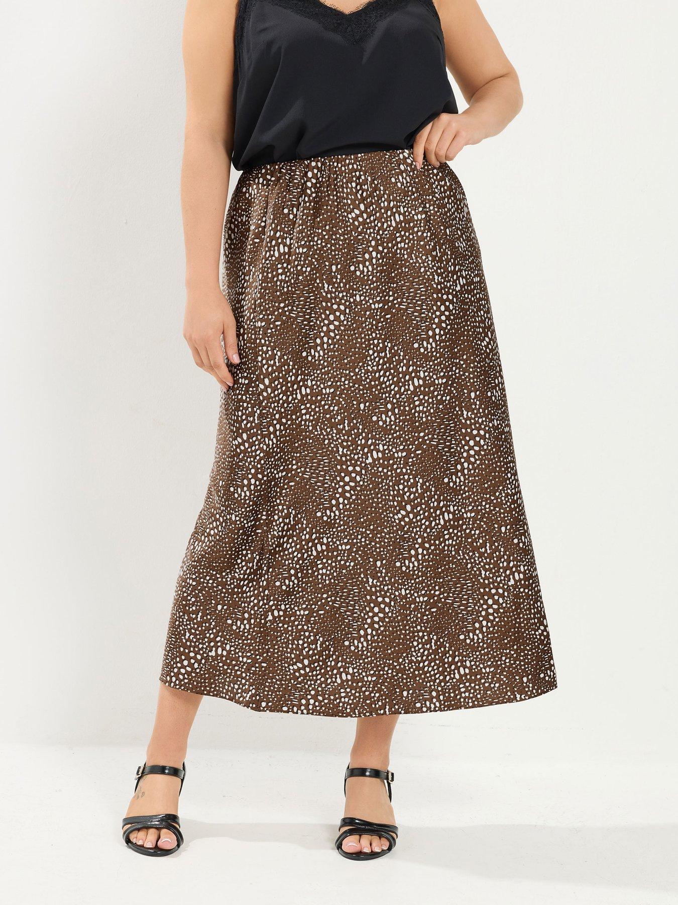 Image 1 of 4 of Yours Curve Satin Spot Skirt - Brown