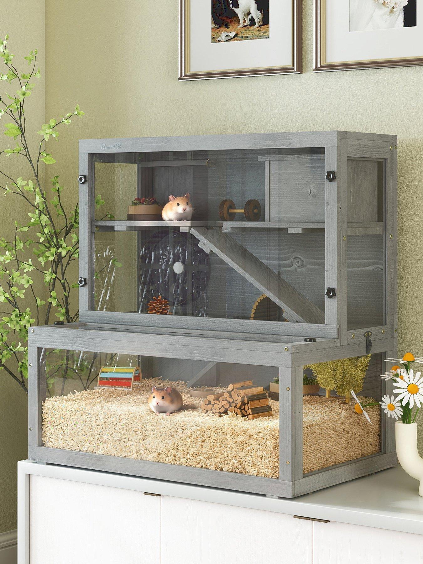 PawHut Wooden Hamster Cage, Large Gerbil Cage with Hut, Wheel, Ramps, 3 Tier Small Animal Habitat with Removable Viewing Panels, 80 x 50 x 84 cm, Grey