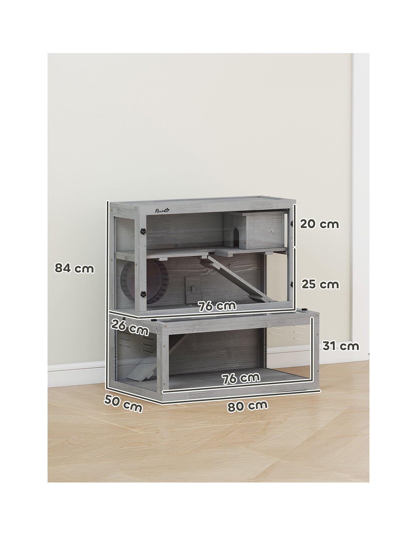 Image 2 of 7 of PawHut Wooden Hamster Cage, Large Gerbil Cage with Hut, Wheel, Ramps, 3 Tier Small Animal Habitat with Removable Viewing Panels, 80 x 50 x 84 cm, Grey