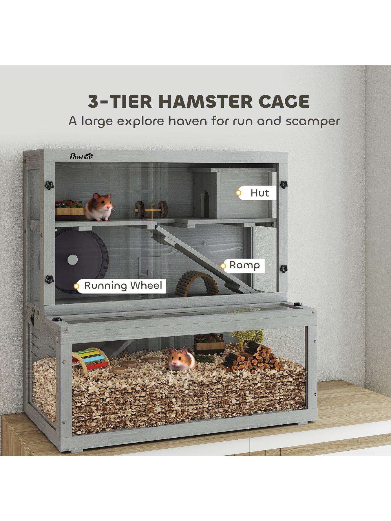 Image 3 of 7 of PawHut Wooden Hamster Cage, Large Gerbil Cage with Hut, Wheel, Ramps, 3 Tier Small Animal Habitat with Removable Viewing Panels, 80 x 50 x 84 cm, Grey