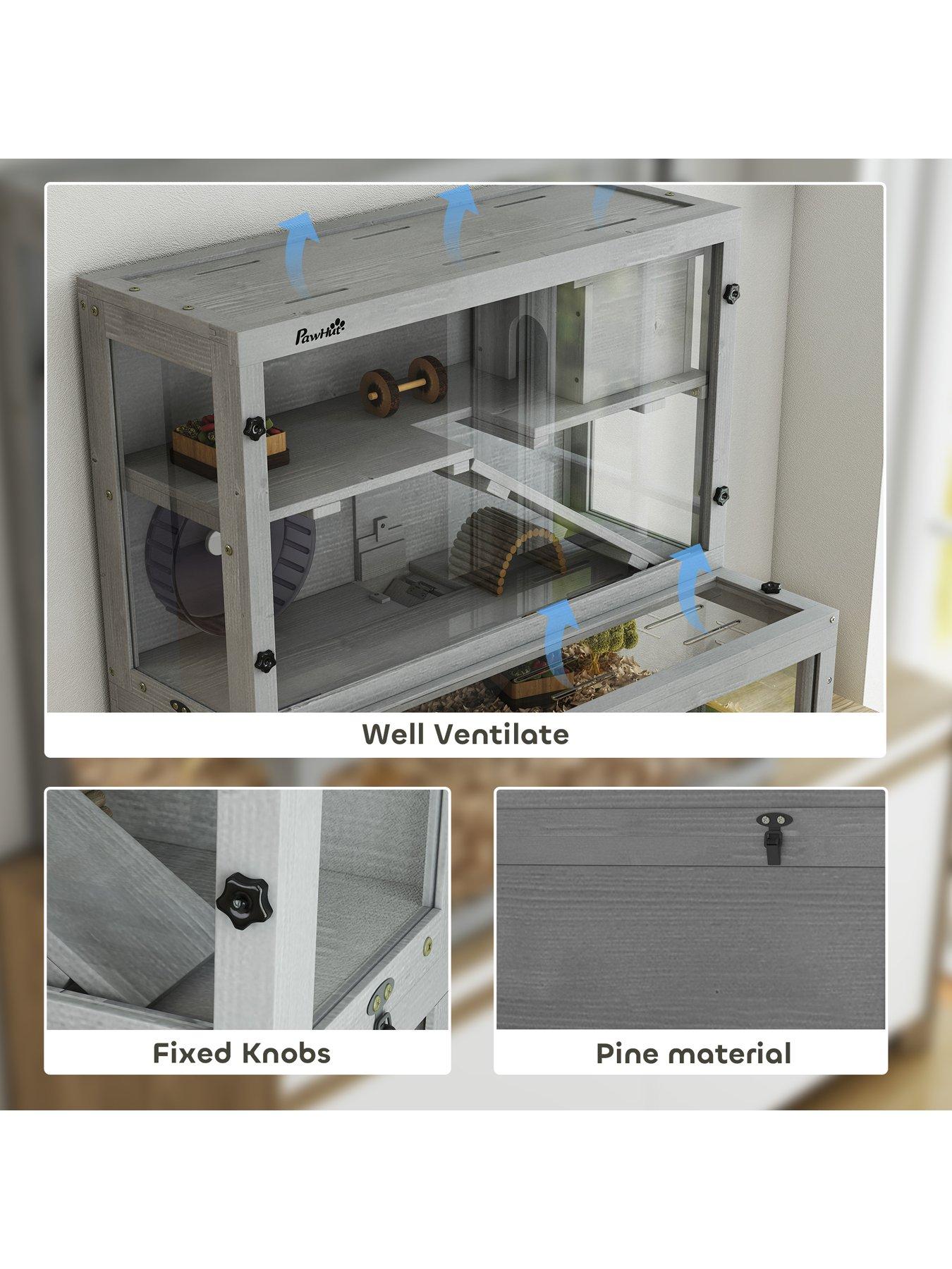 Image 4 of 7 of PawHut Wooden Hamster Cage, Large Gerbil Cage with Hut, Wheel, Ramps, 3 Tier Small Animal Habitat with Removable Viewing Panels, 80 x 50 x 84 cm, Grey