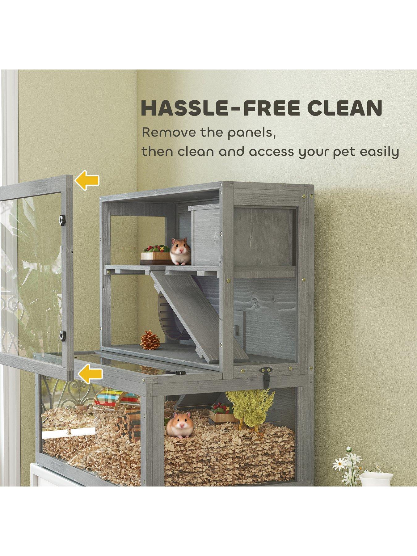Image 6 of 7 of PawHut Wooden Hamster Cage, Large Gerbil Cage with Hut, Wheel, Ramps, 3 Tier Small Animal Habitat with Removable Viewing Panels, 80 x 50 x 84 cm, Grey