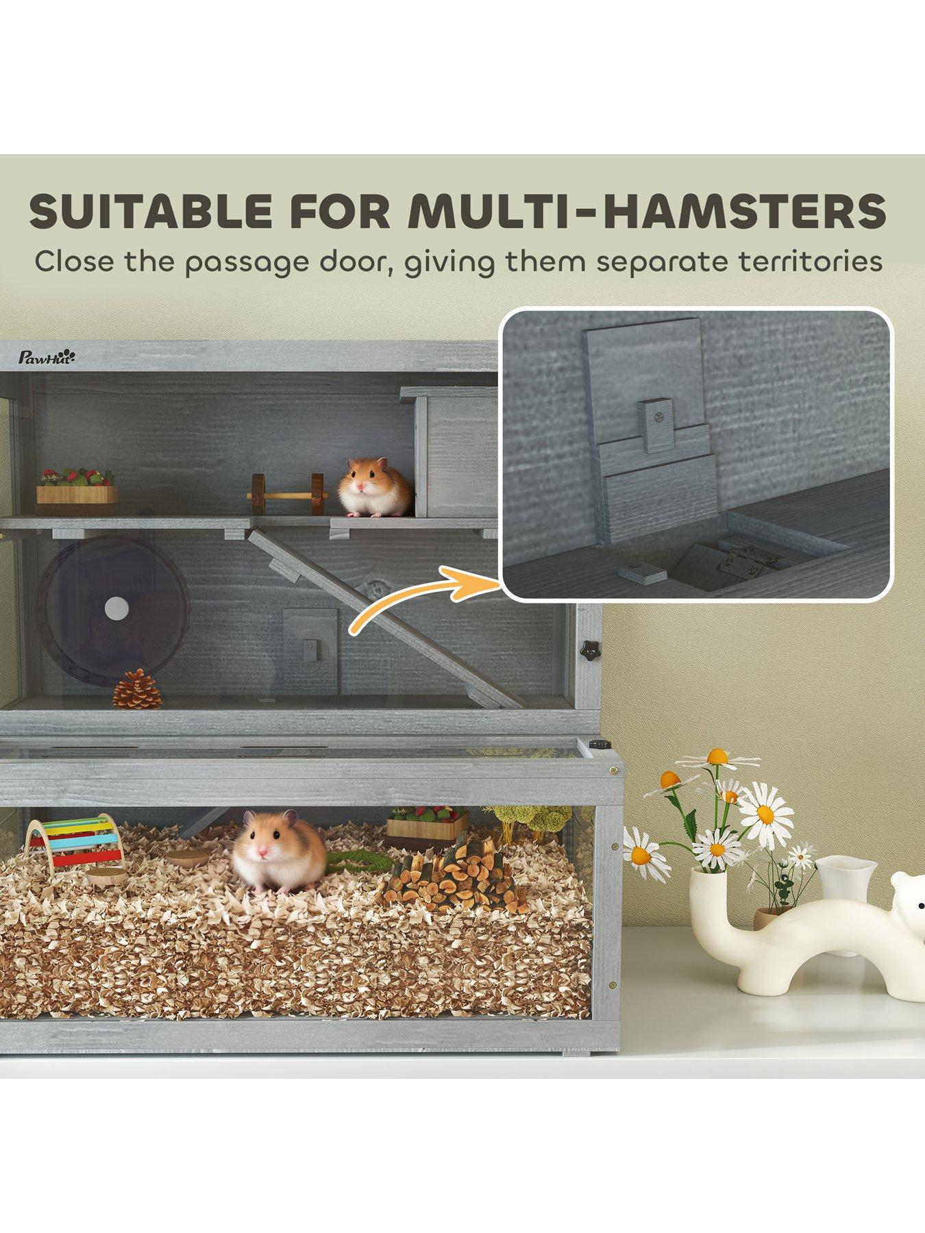 Image 7 of 7 of PawHut Wooden Hamster Cage, Large Gerbil Cage with Hut, Wheel, Ramps, 3 Tier Small Animal Habitat with Removable Viewing Panels, 80 x 50 x 84 cm, Grey