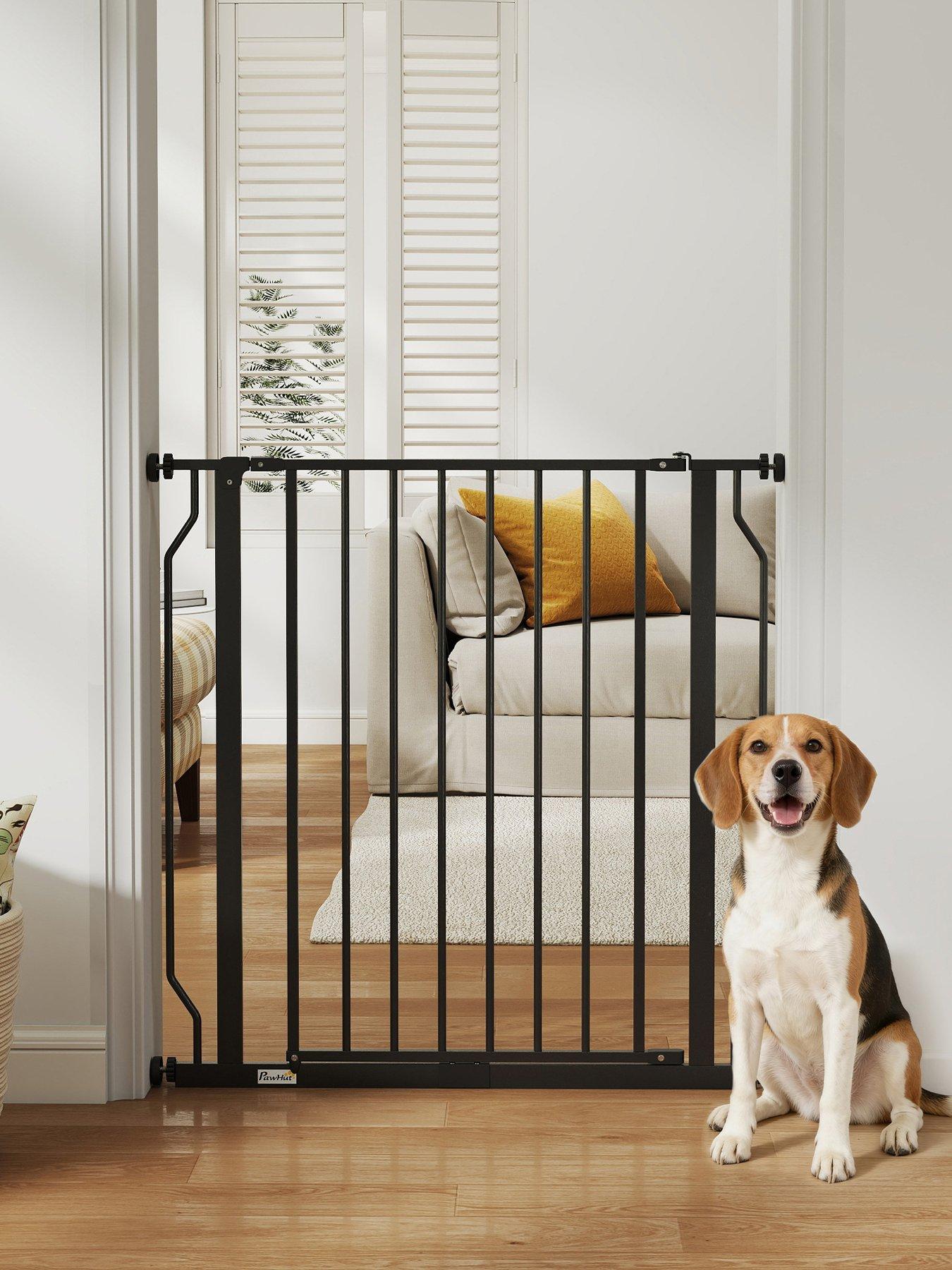 PawHut Dog Gate Wide Stair Gate with Door Pressure Fit Pets Barrier for Doorway, Hallway, One-Hand Operate, Two Way Open, 76H x 75-85W cm - Black