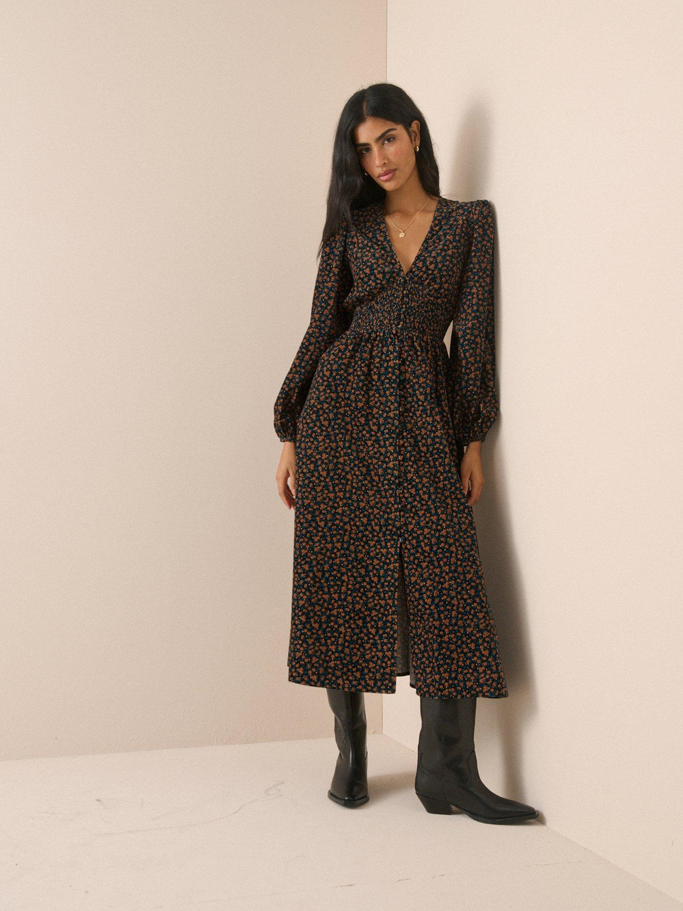 Nobodys Child Riley Floral Print Shirred Waist Cord Midi Dress, Black, Size 6, Women