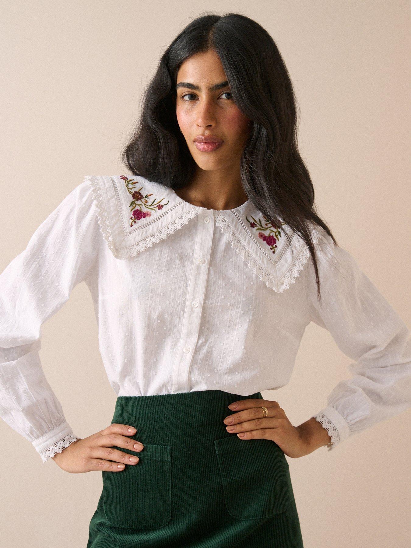 Nobodys Child Women's Embroidered Collar Button Through Blouse, White, Size 14, Women