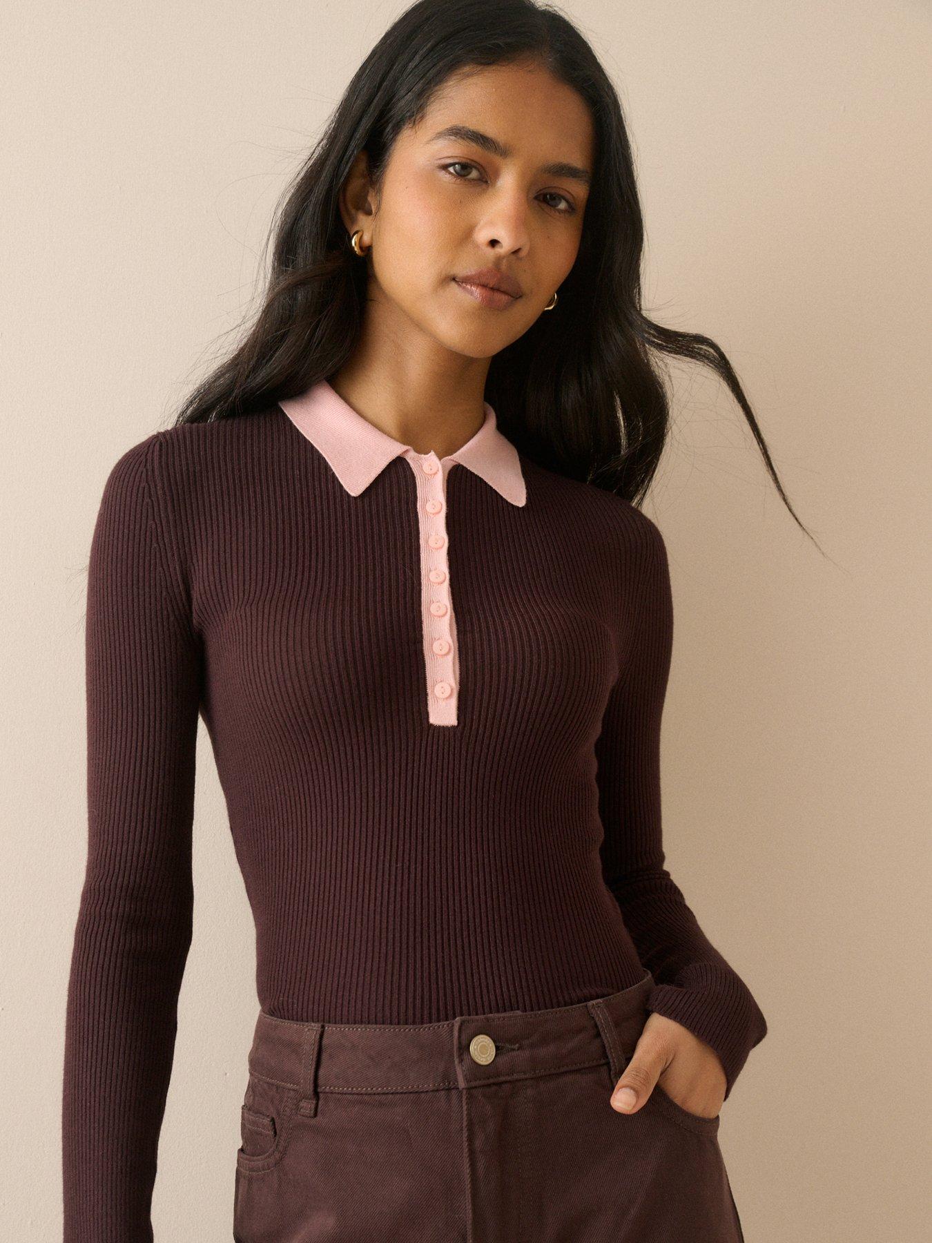 Nobody's Child Women's Brown Contrast Collar Rib Polo Top - Image 2