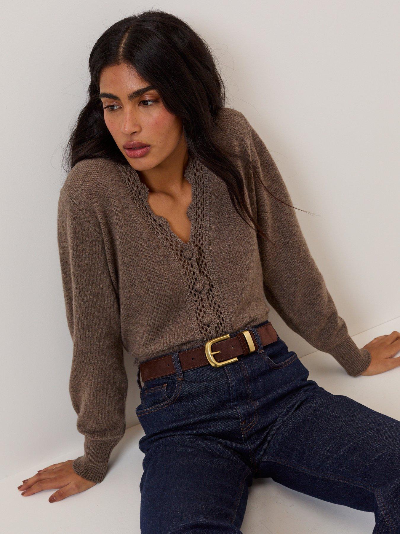 Image 3 of 5 of Nobodys Child Wool Blend Crochet Trim Elodie Cardigan - Brown