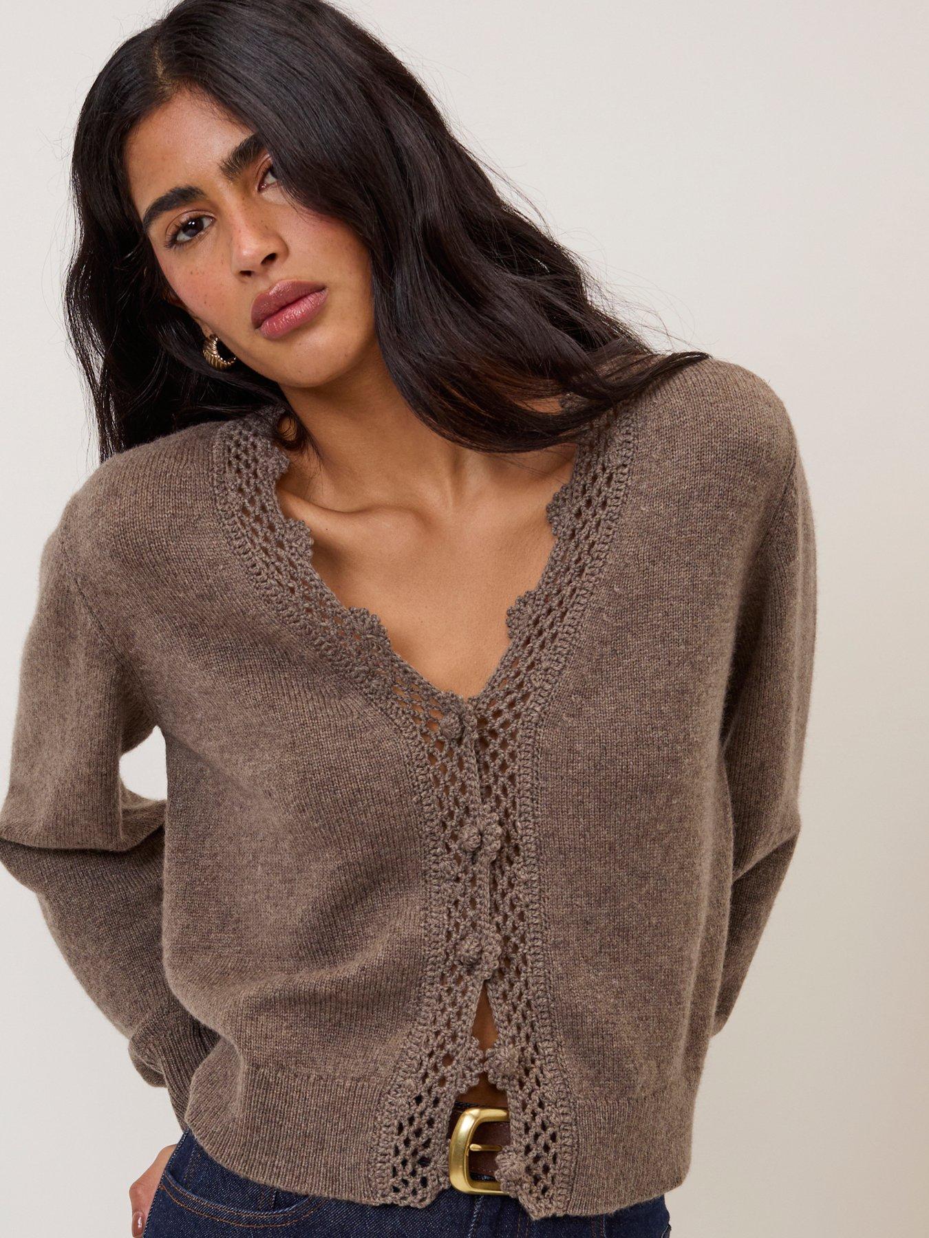 Image 5 of 5 of Nobodys Child Wool Blend Crochet Trim Elodie Cardigan - Brown