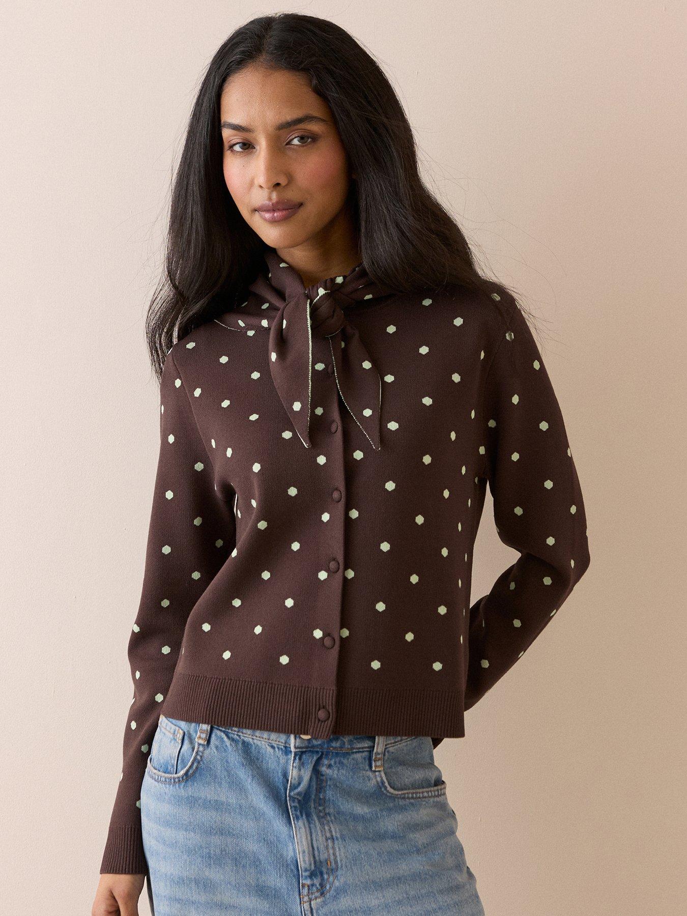 Nobody's Child Women's White Polka Dot Jacquard Cardigan With Neck Tie - Image 3