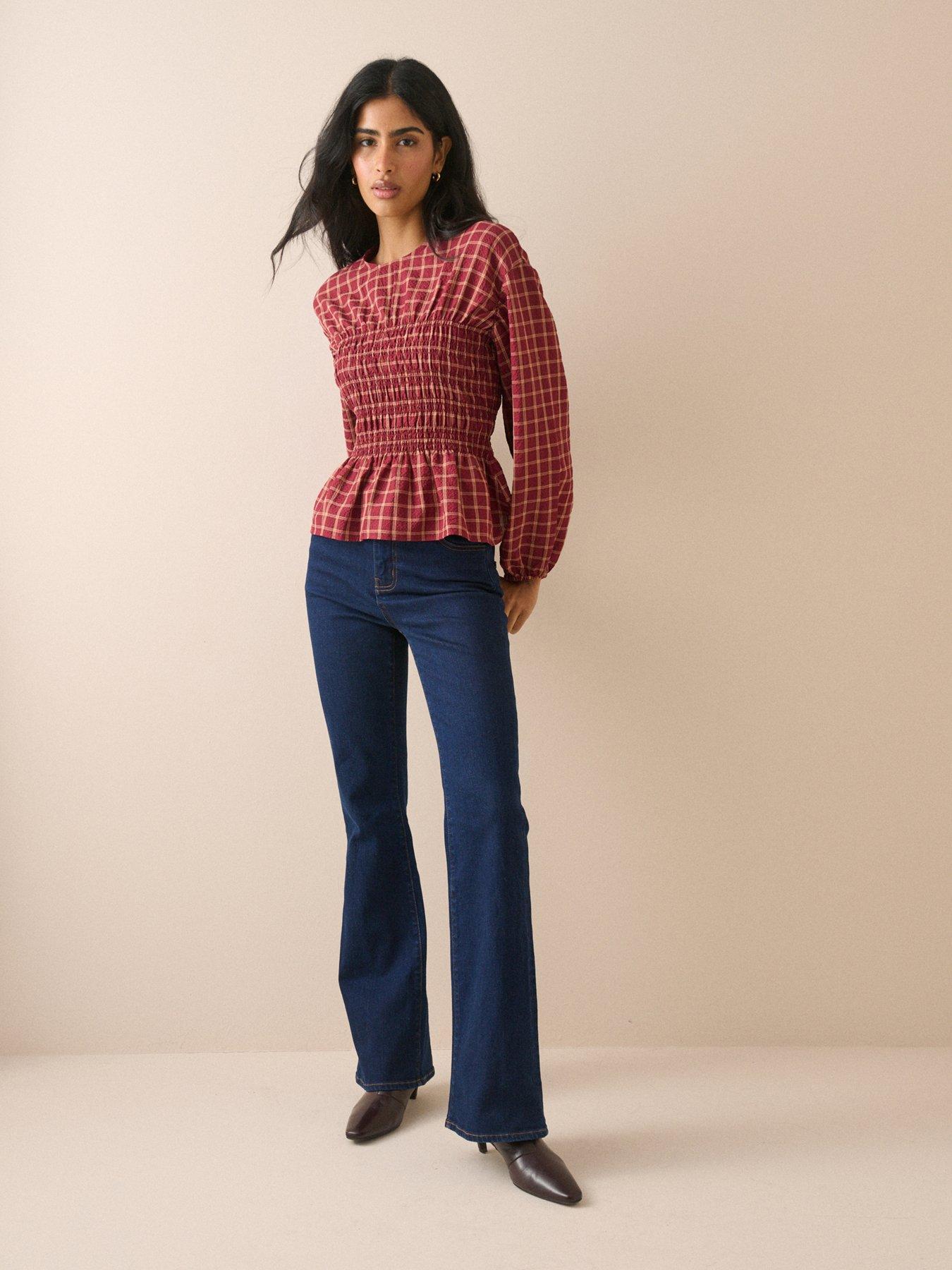 Nobody's Child Women's Burgundy Red Check Shirred Peplum Blouse Size 8 - Image 2