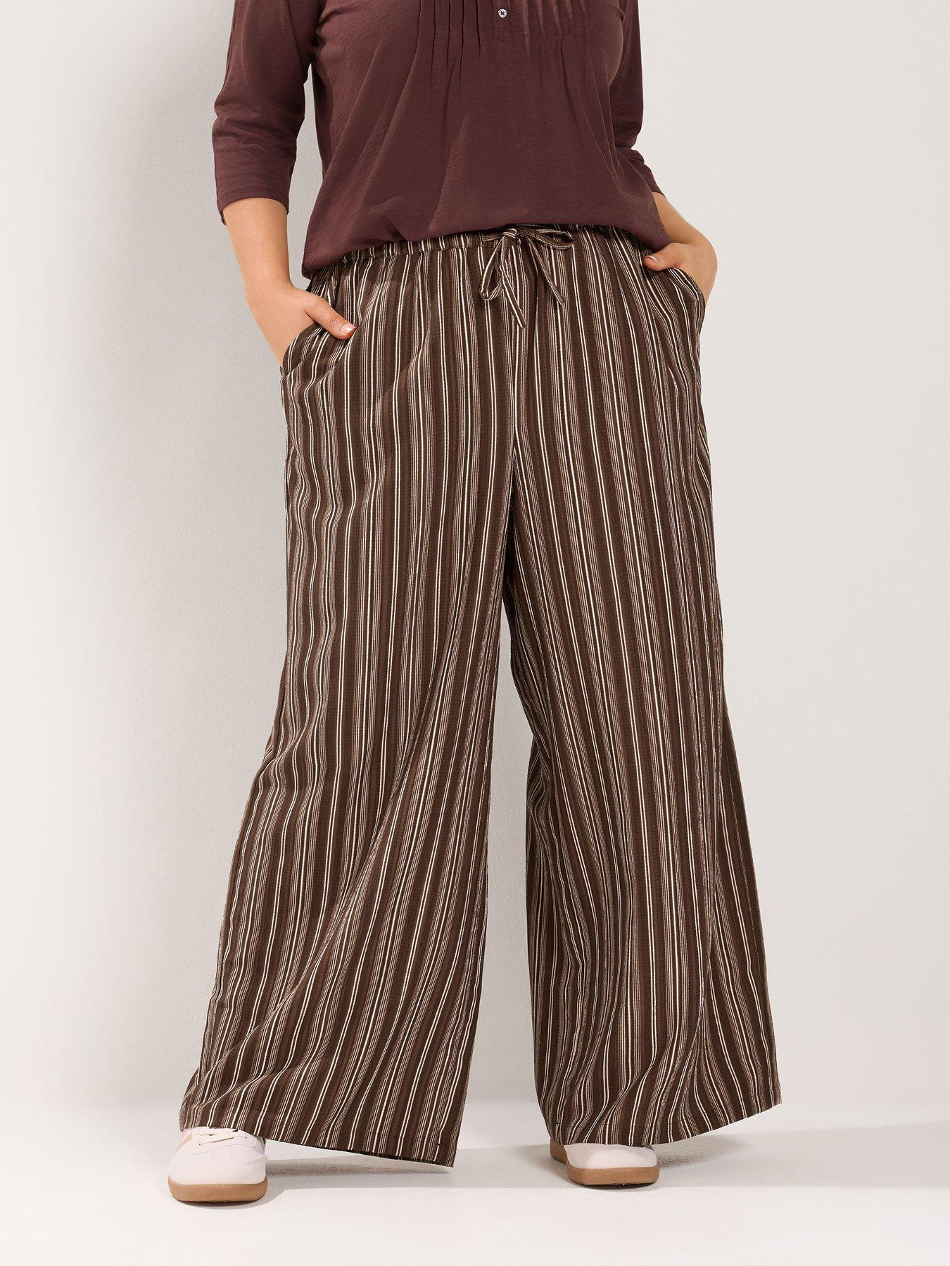 Image 1 of 4 of Yours Curve Wide Leg Striped 30" Trousers - Brown