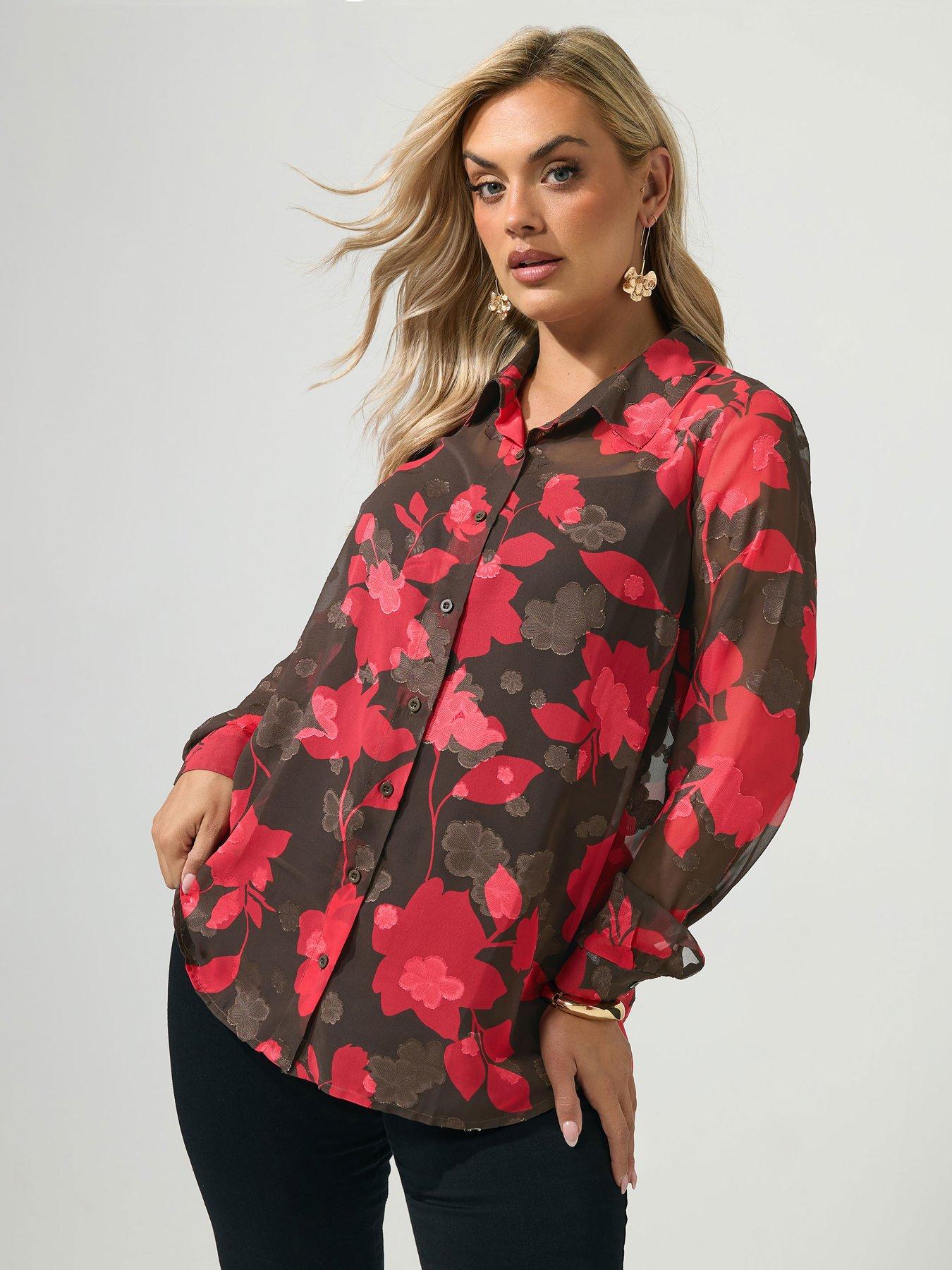 Yours Curve Jacquard Floral Shirt - Brown